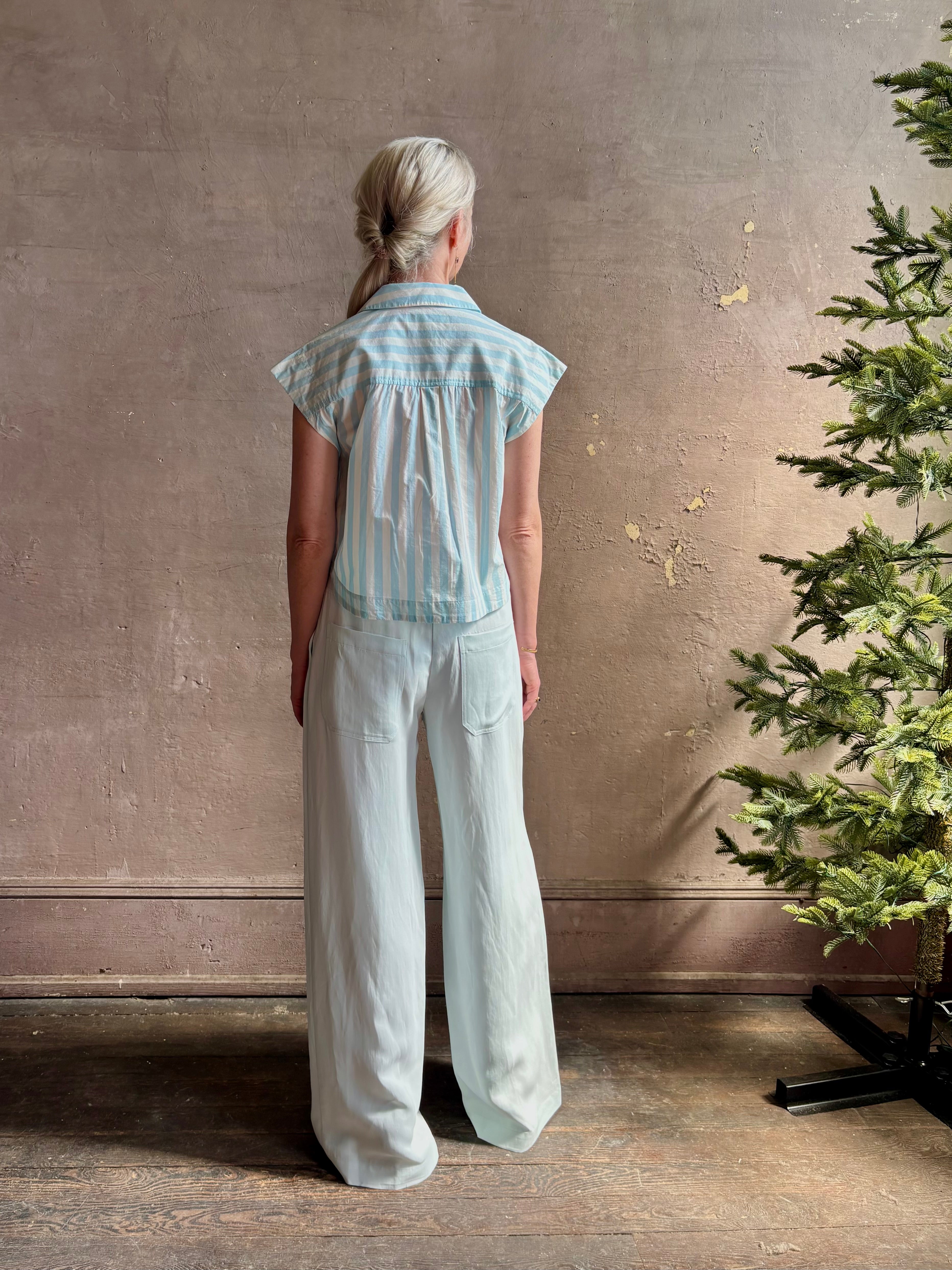 Mature woman wearing Dorada short sleeve Shirt from Trovata rendered in a fresh aqua and cream Stripe and crafted from cotton poplin with v-neck, collar and consealed button front