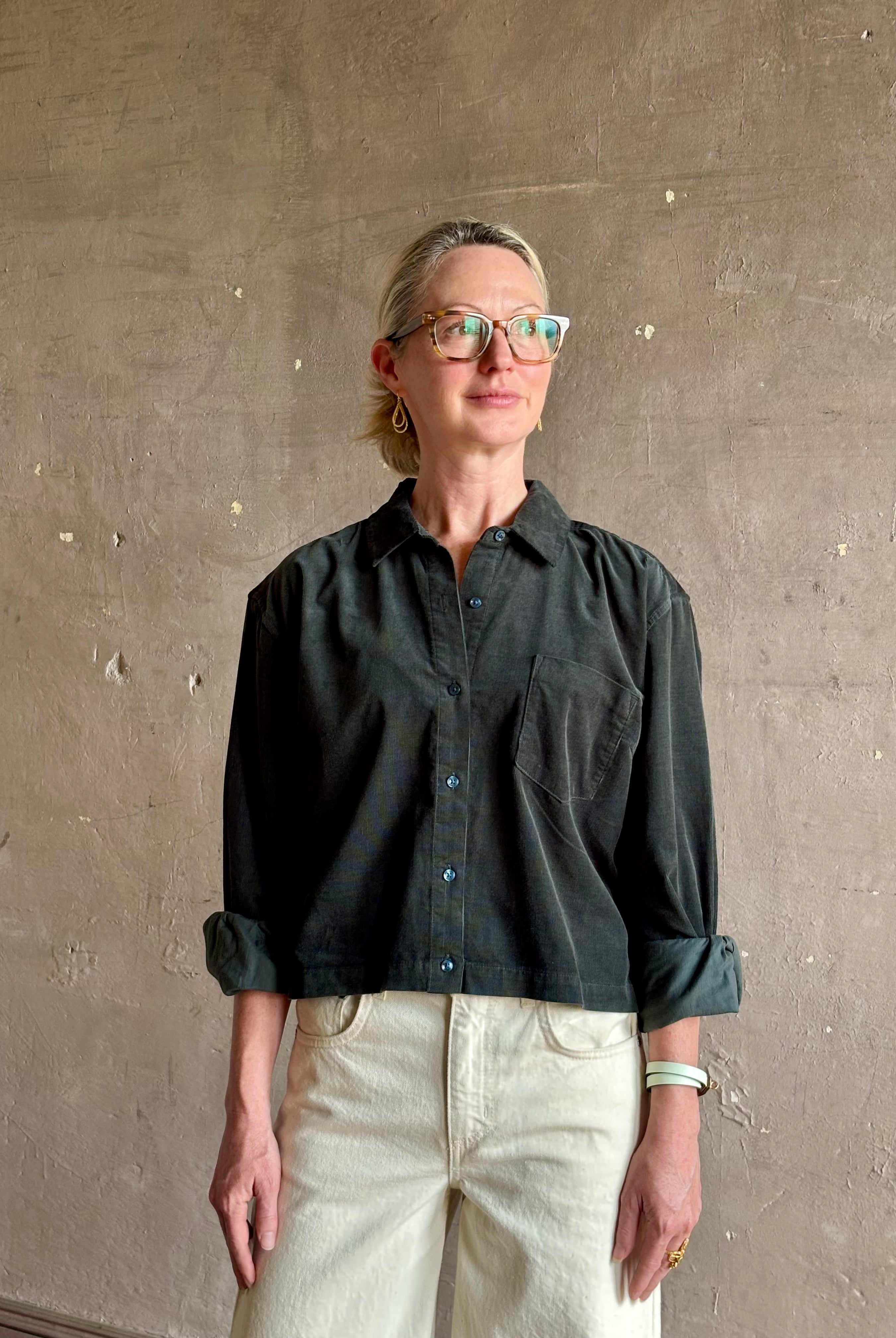 Trovata Nessa crop Shirt in Dark Teal 100% cotton corduroy relaxed fit long sleeves button front with collar