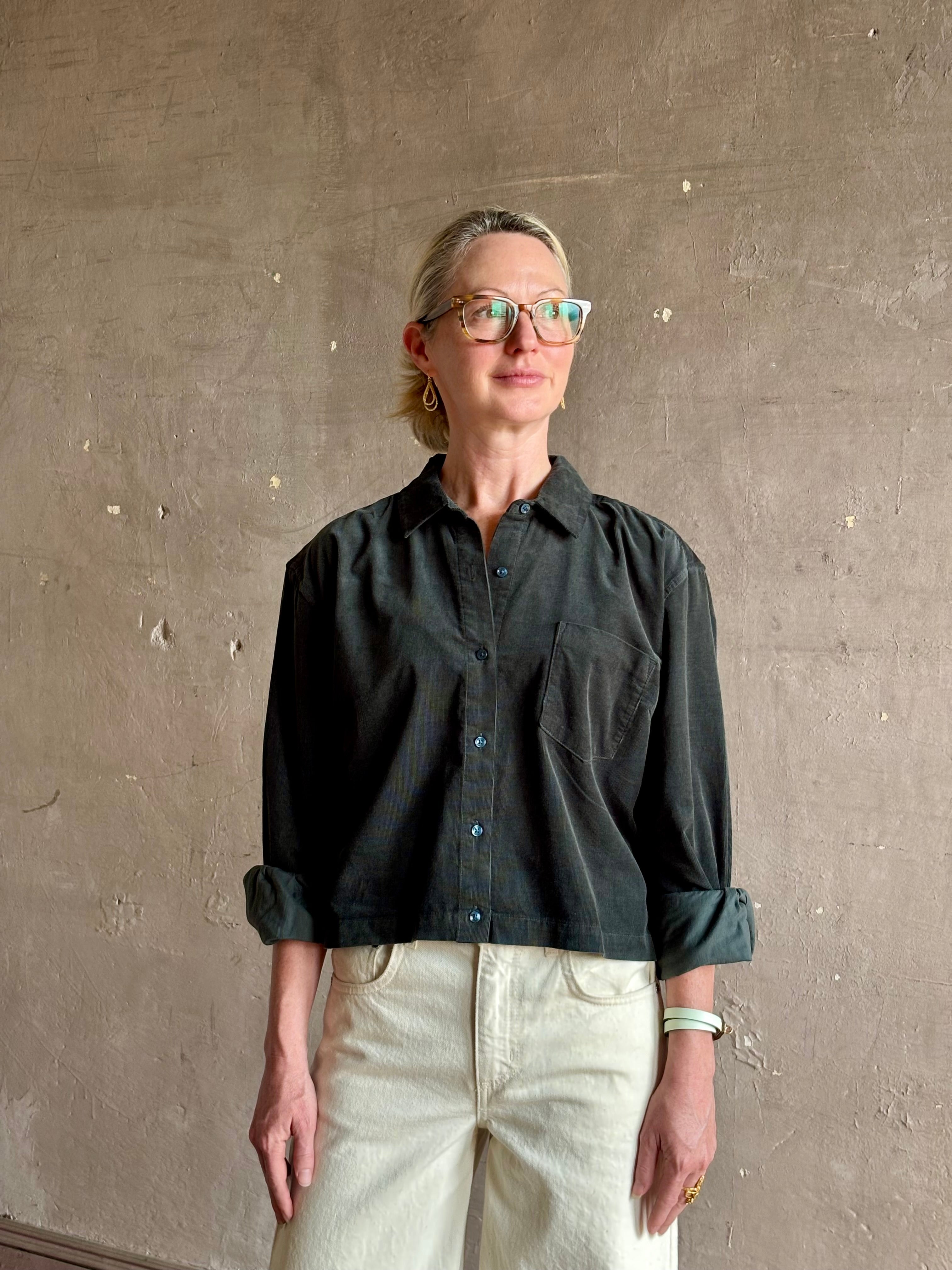 Trovata Nessa crop Shirt in Dark Teal 100% cotton corduroy relaxed fit long sleeves button front with collar
