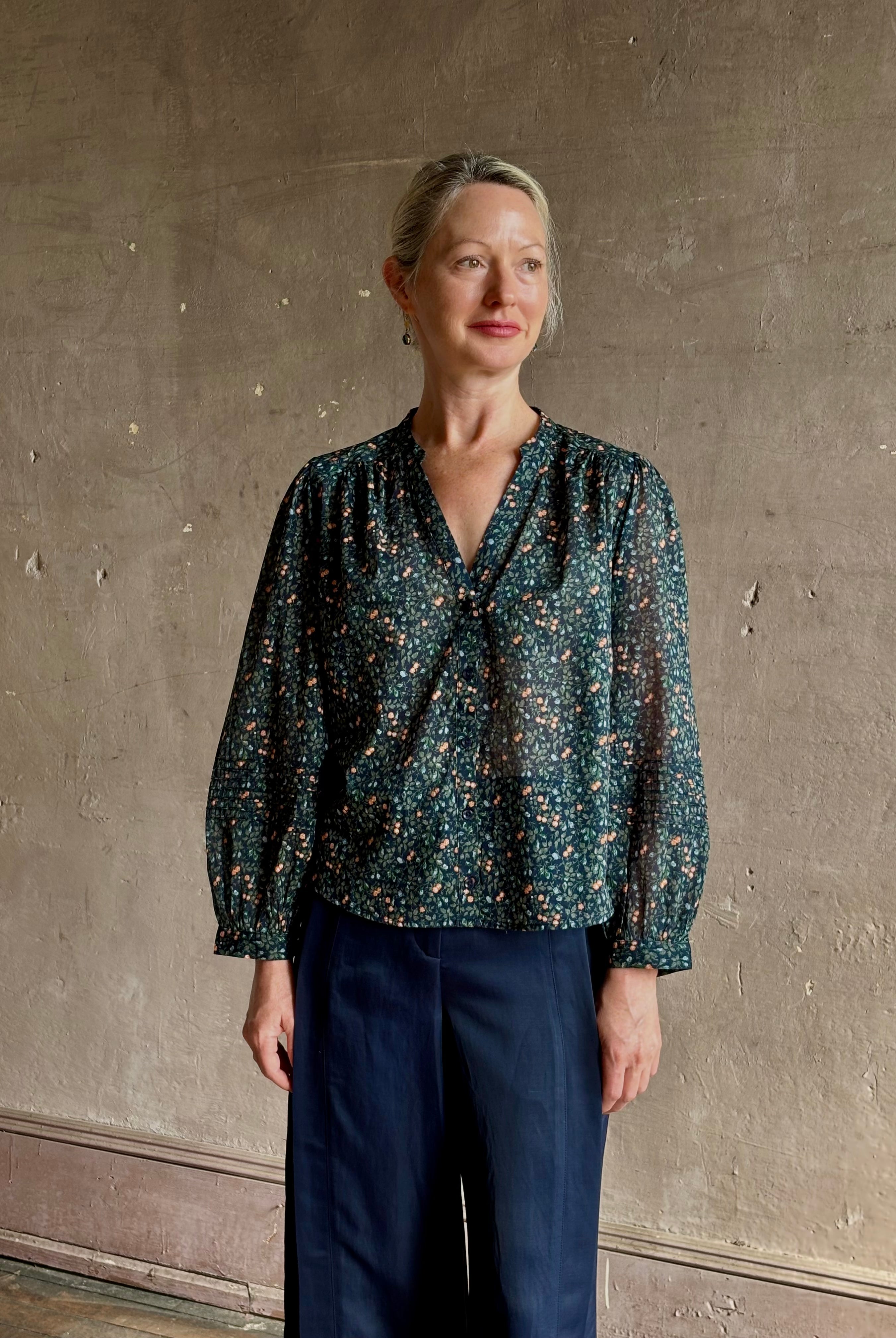 Trovata's Pauline Blouse in Marin Ditsy cotton poplin balloon sleeves. Romantic, movement-rich California charm