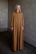 Model wearing the sophisticated TWP Jennys shirt dress embellished with crystals in warm brown