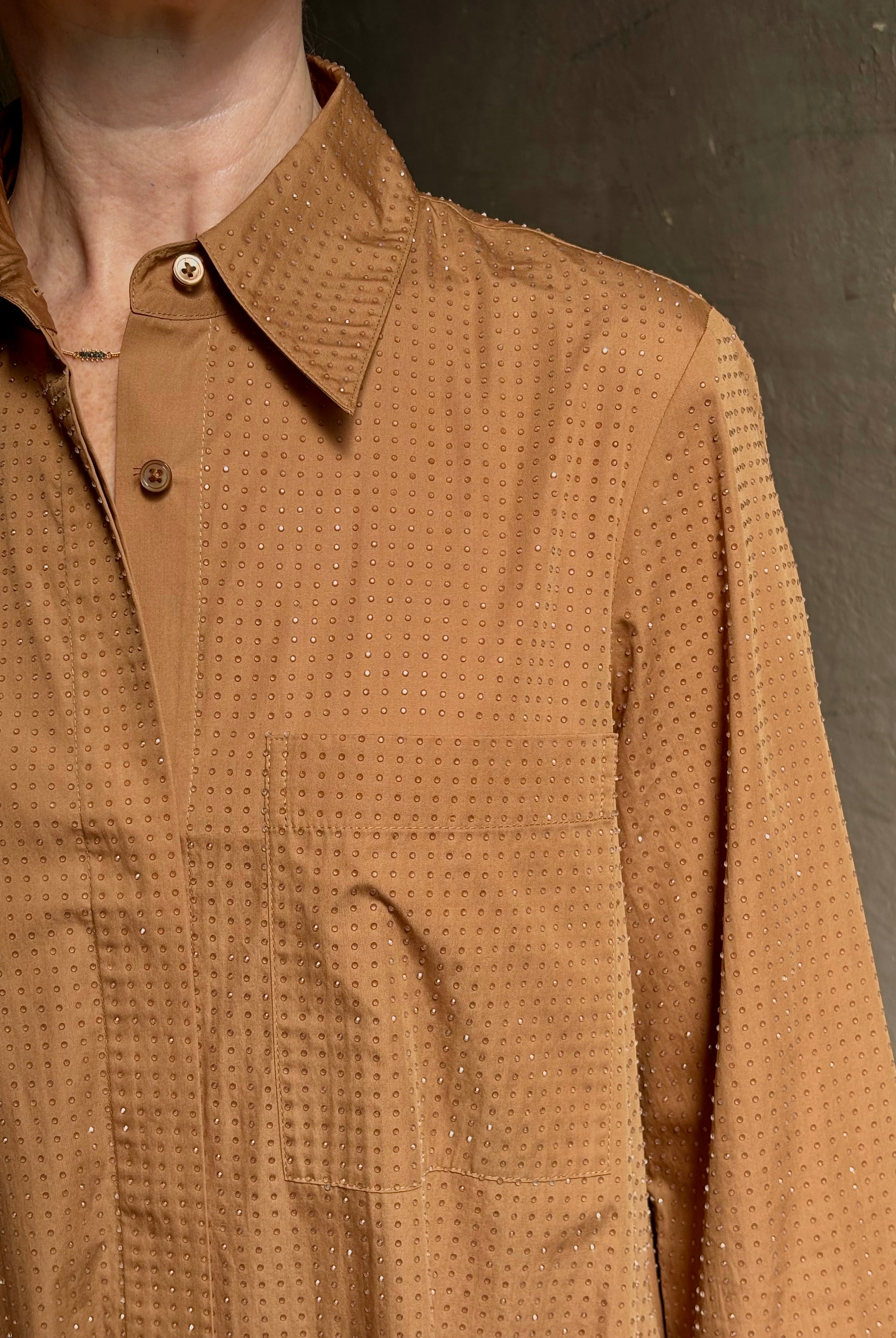 Mature woman wearing sophisticated TWP Jennys shirt dress embellished with crystals in warm brown