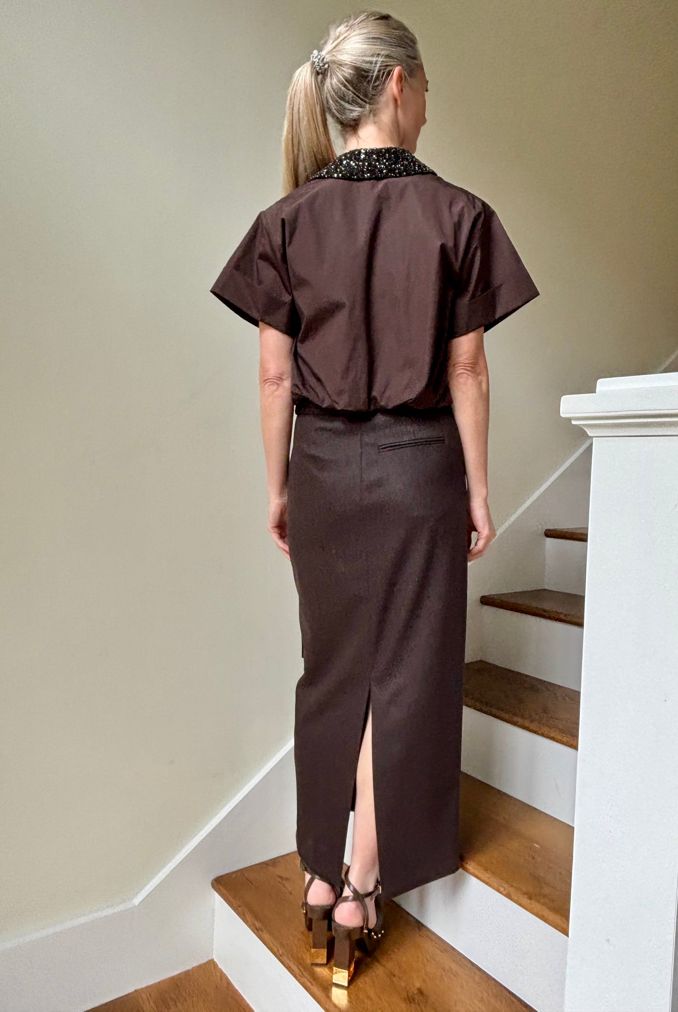 Image of mature woman wearing luxury TWP premium cotton blouse with a crystal collar in a rich chocolate color that's reversible