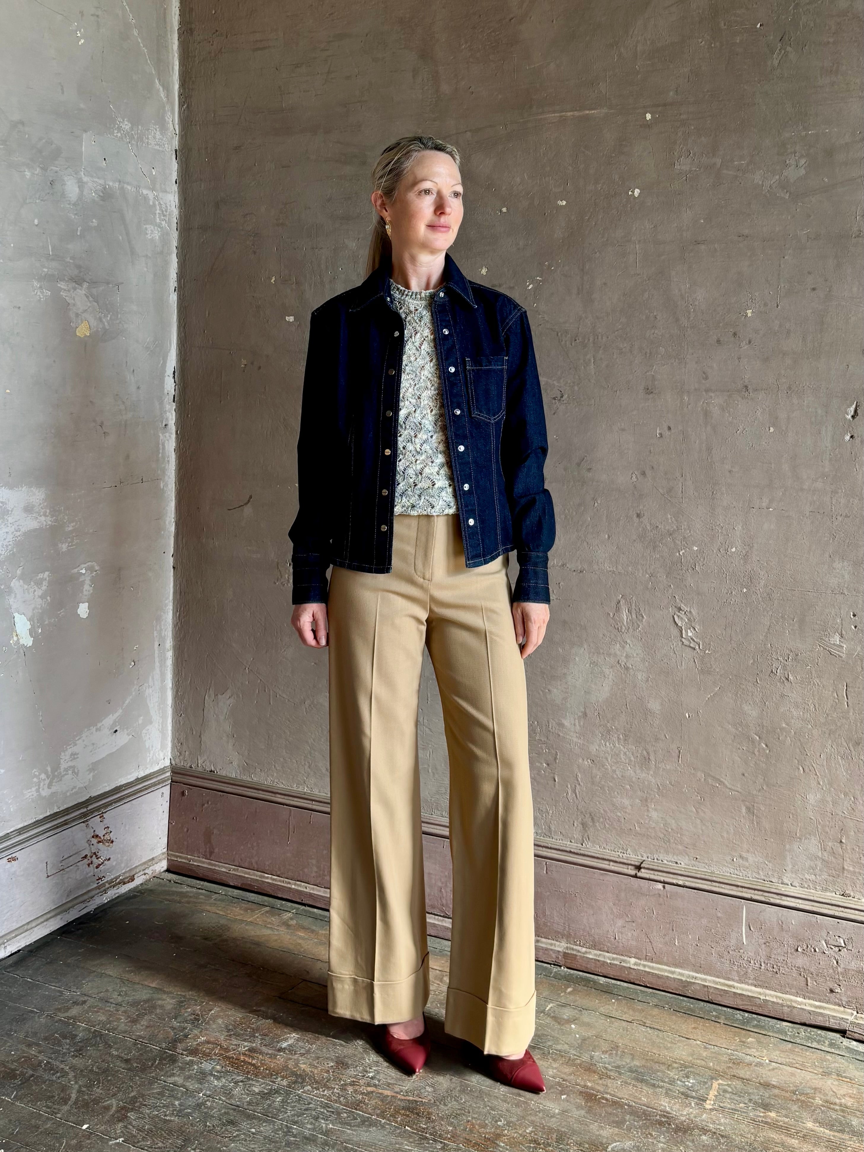 Mature woman wearing Premium Cotton American-Made Denim TWP Franny Shirt with feminine darting silhouette