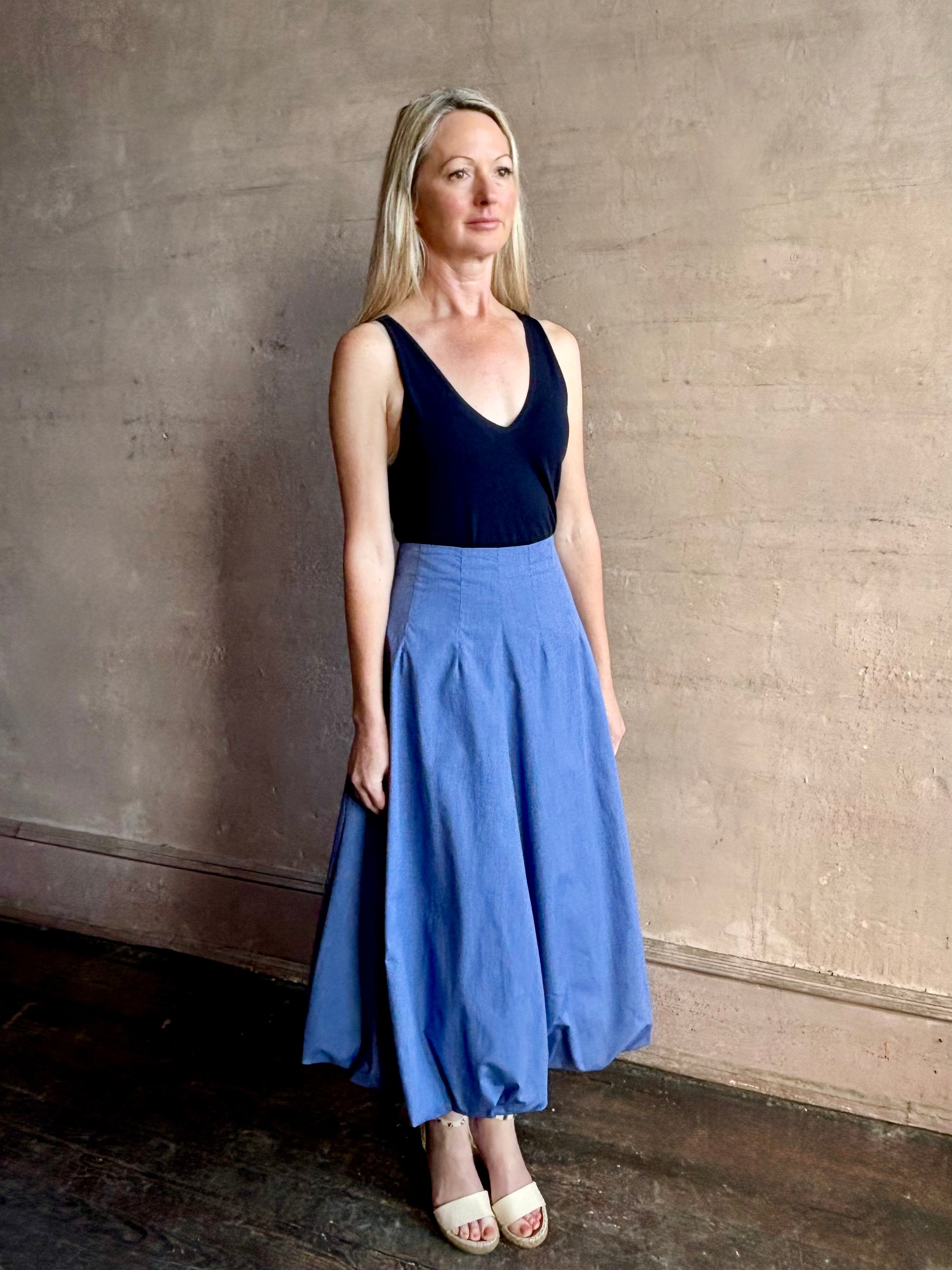 Image of woman wearing American made cotton poplin TWP blue plaid Full Intentions maxi bubble Skirt