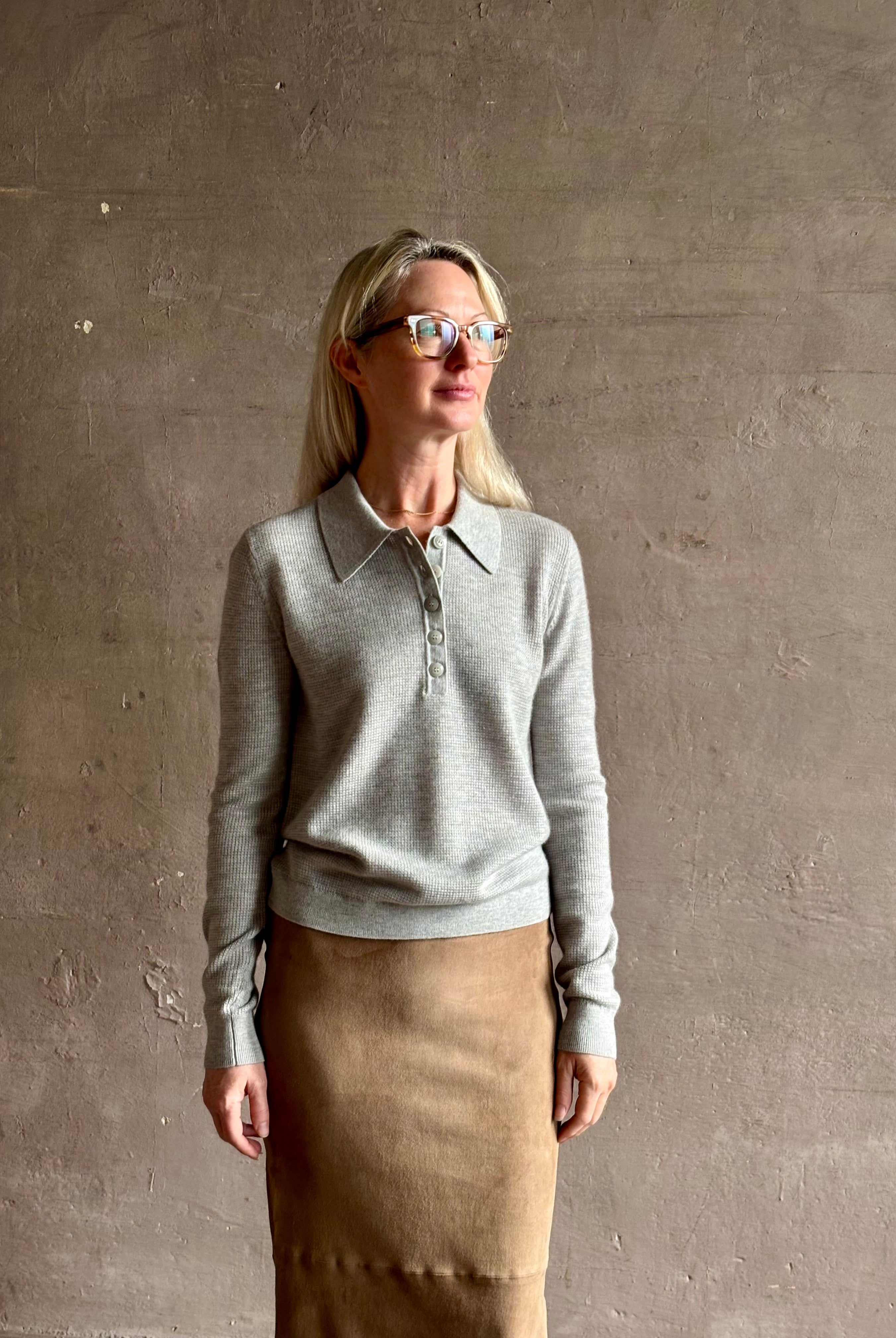 woman wearing light heather grey TWP Jorden Polo Henley premium cashmere elevated casual wear comfy long sleeve