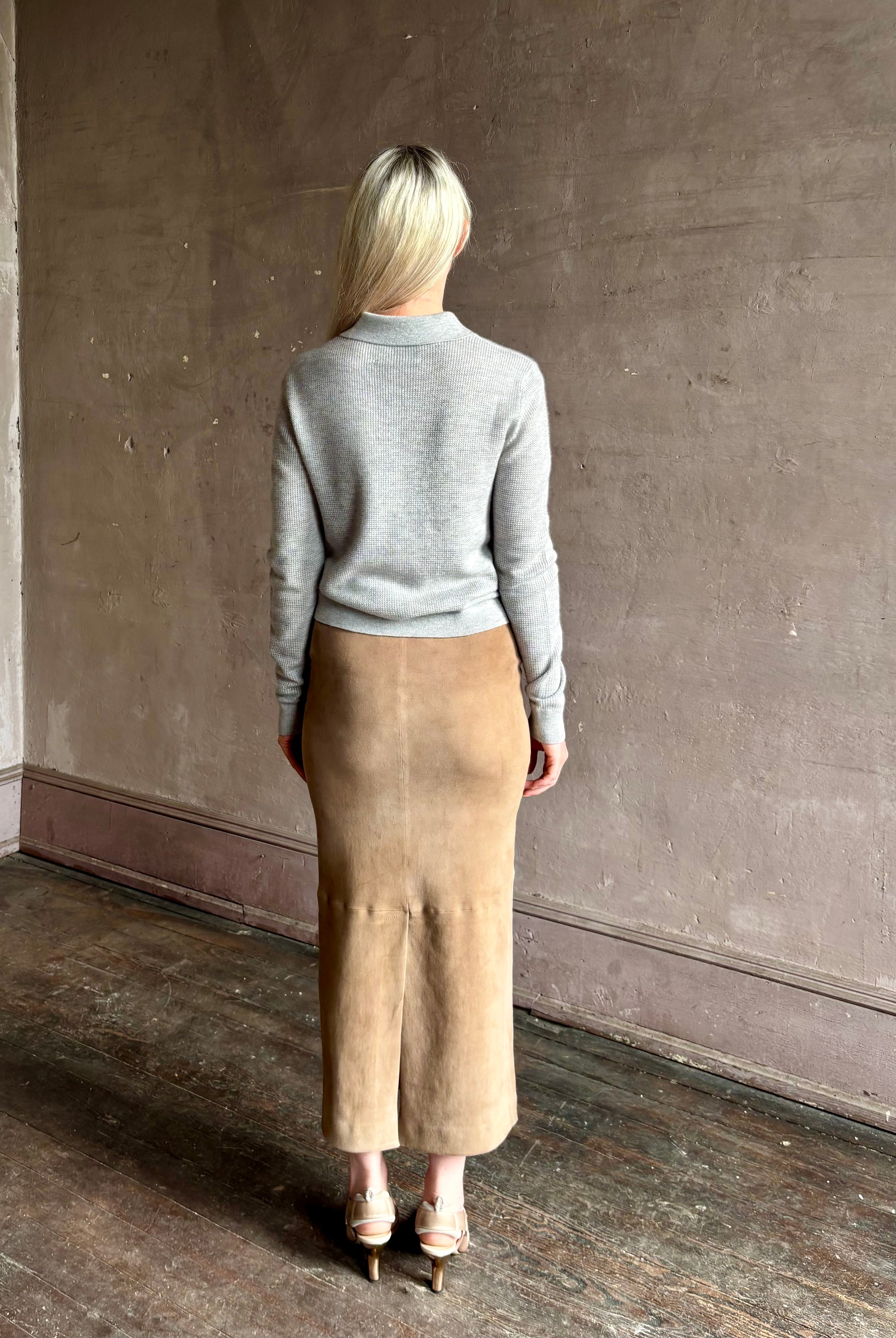 woman wearing light heather grey TWP Jorden Polo Henley premium cashmere elevated casual wear comfy long sleeve