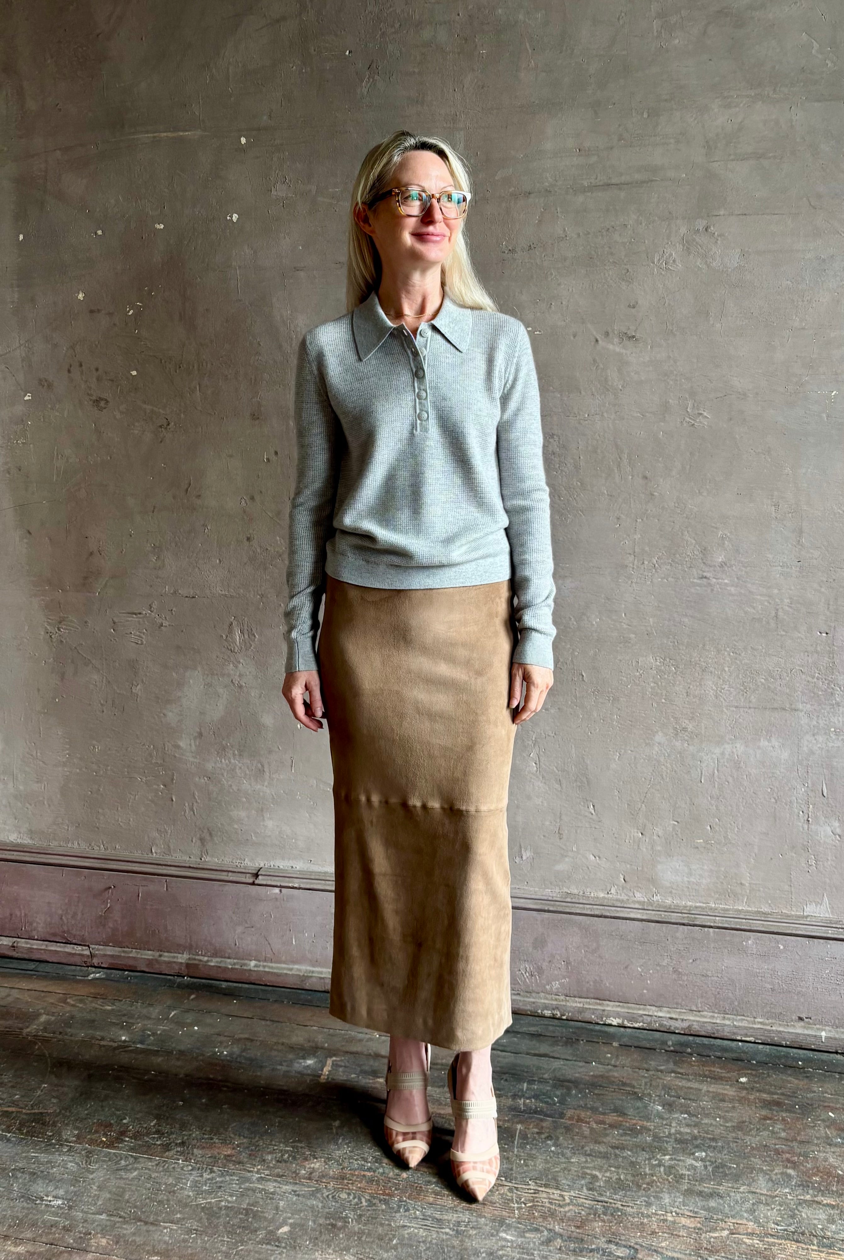 woman wearing light heather grey TWP Jorden Polo Henley premium cashmere elevated casual wear comfy long sleeve