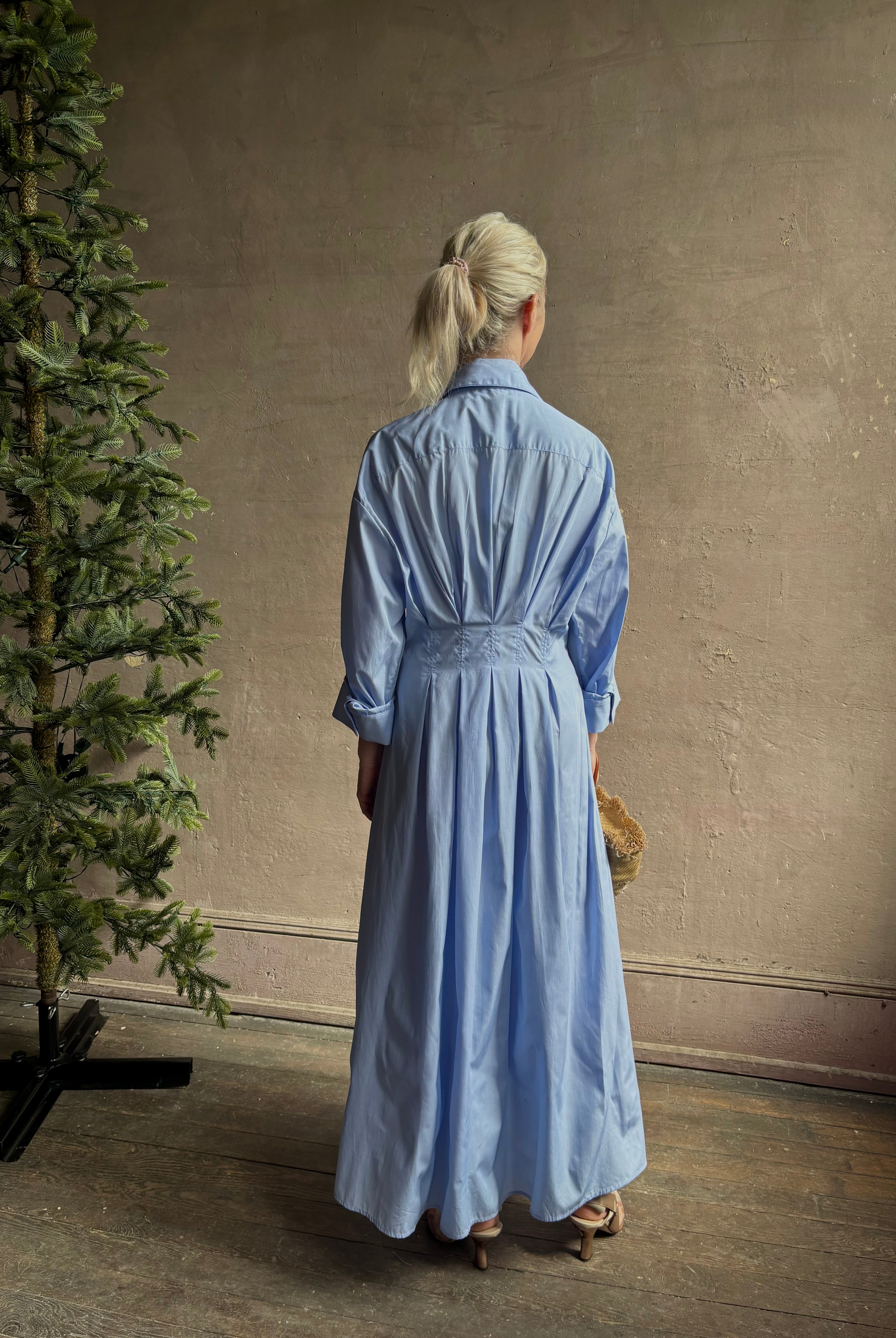 Mature woman wearing TWP M Dress, luxury women's superfine cotton dress gathered waist collar maxi blue dress