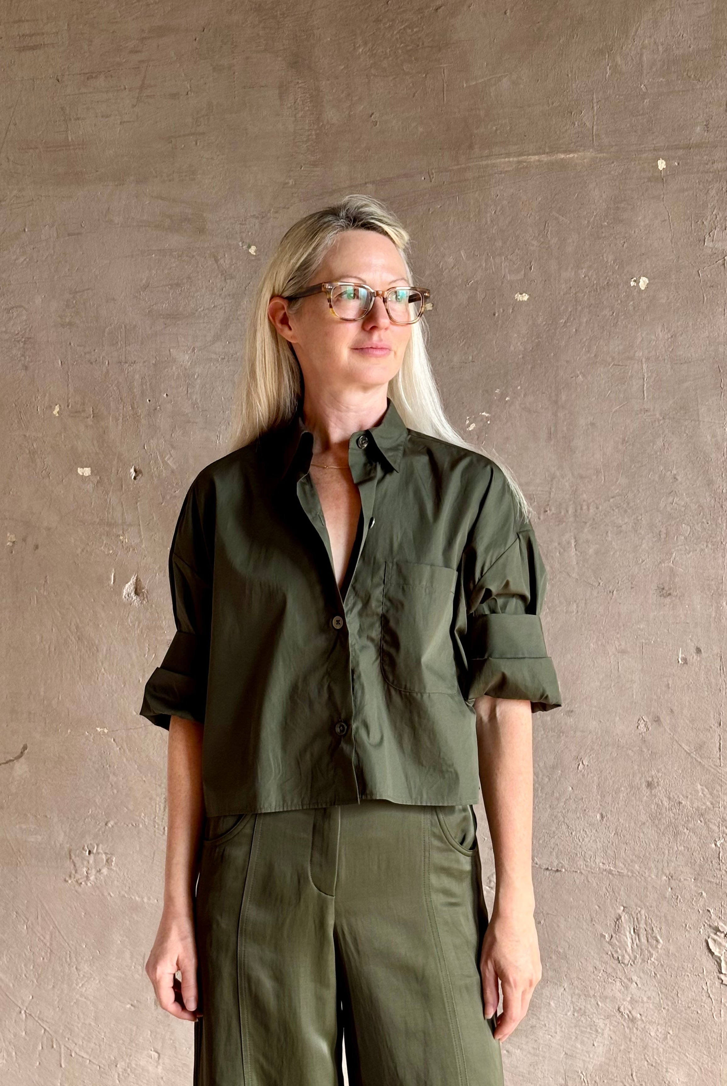 Elevated casual wear TWP next ex cotton poplin dark green rosin button-up shirt with rolled sleeves and collar