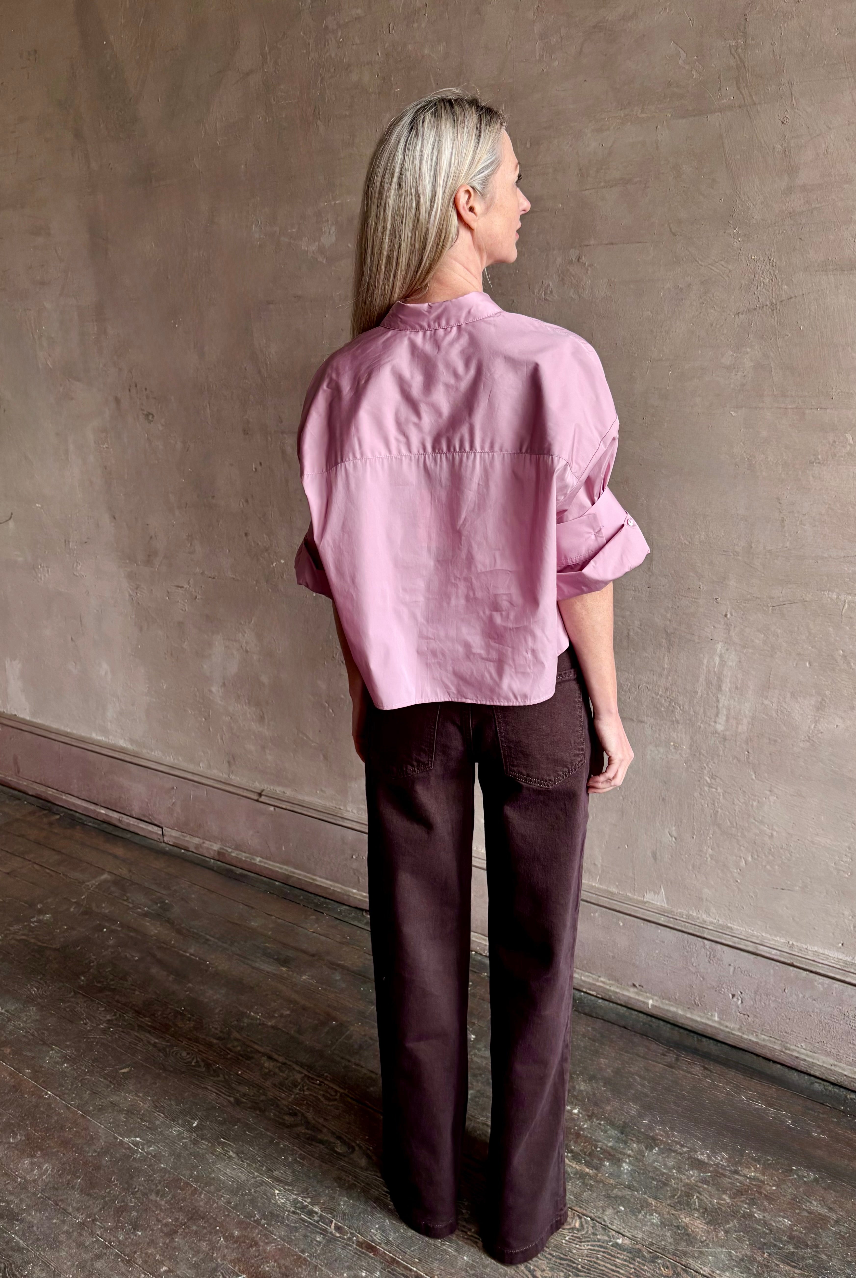 Woman wearing premium cotton TWP Next EX button up cropped shirt with half sleeve in lilac and made in USA