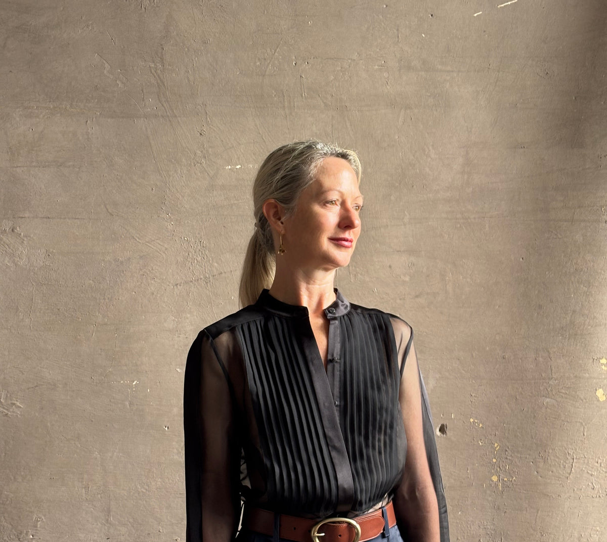 Mature woman wearing TWP Peyton sheer Silk Blouse tuxedo tailored silhouette Timeless, occassion ready