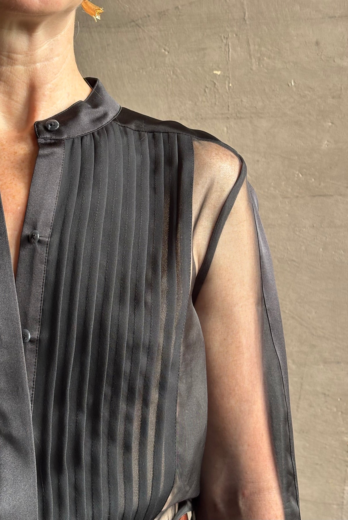 Mature woman wearing TWP Peyton sheer Silk Blouse tuxedo tailored silhouette Timeless, occassion ready