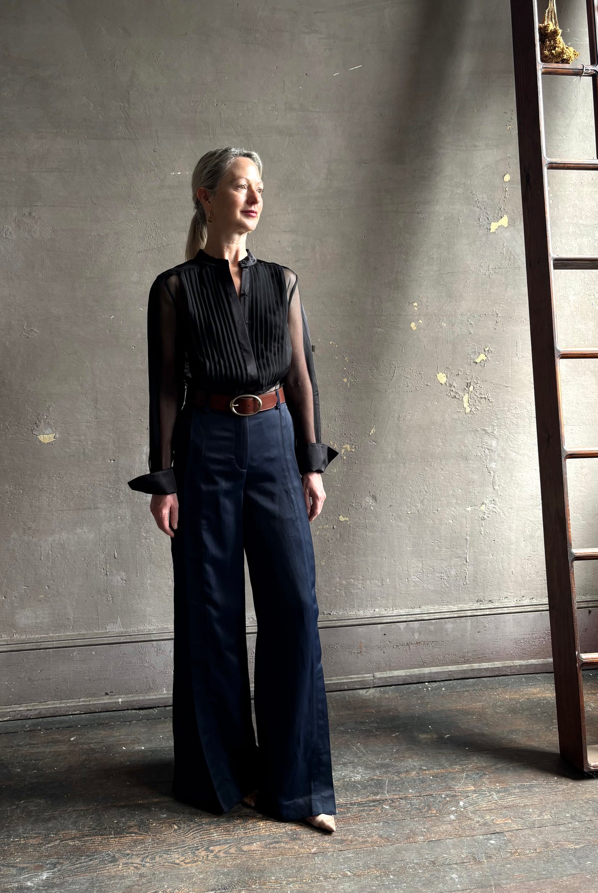 Mature woman wearing TWP Peyton sheer Silk Blouse tuxedo tailored silhouette Timeless, occassion ready