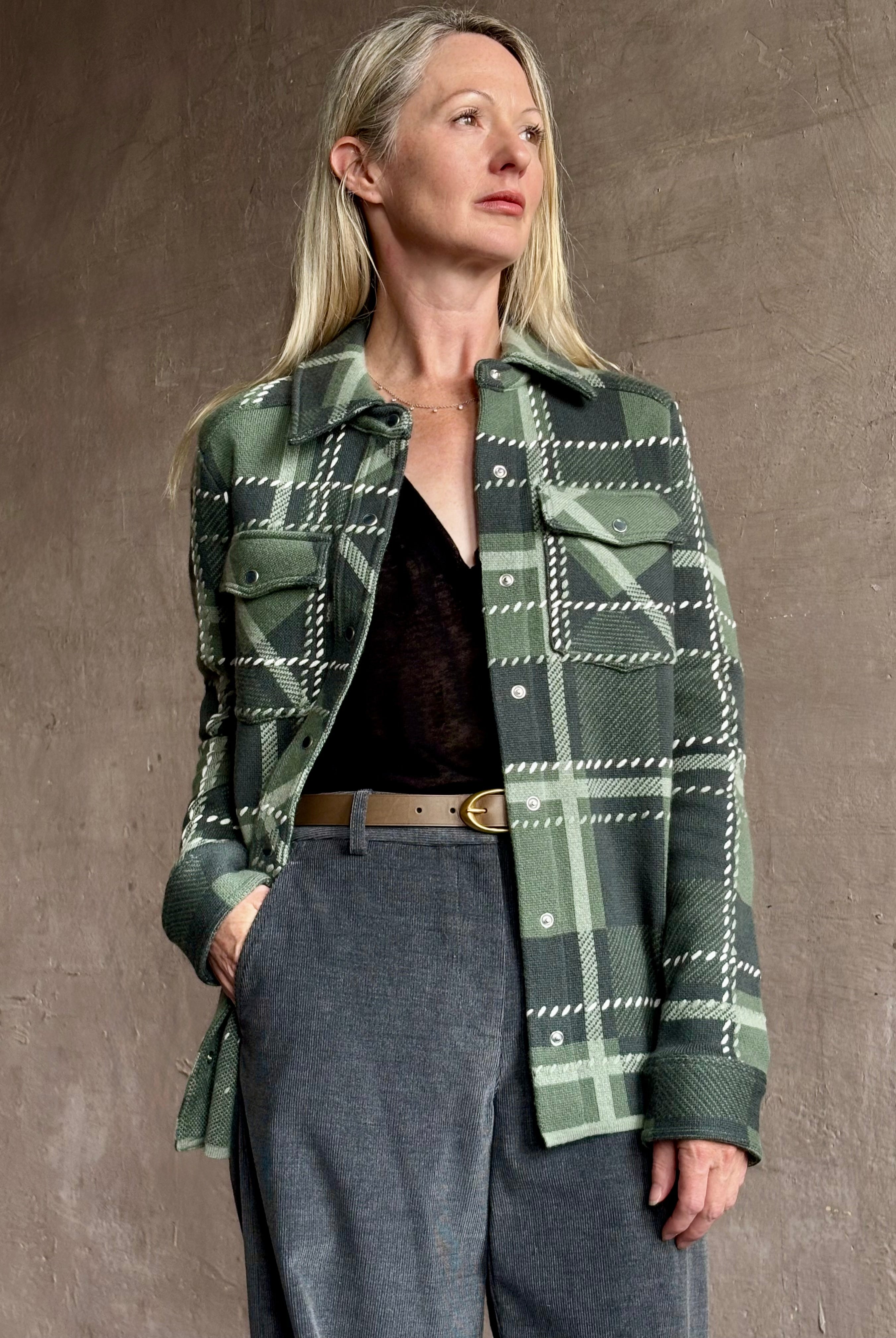 Image of mature woman wearing TWP ranchers cardigan shacket in premium cashmere redefining sophisticated comfort