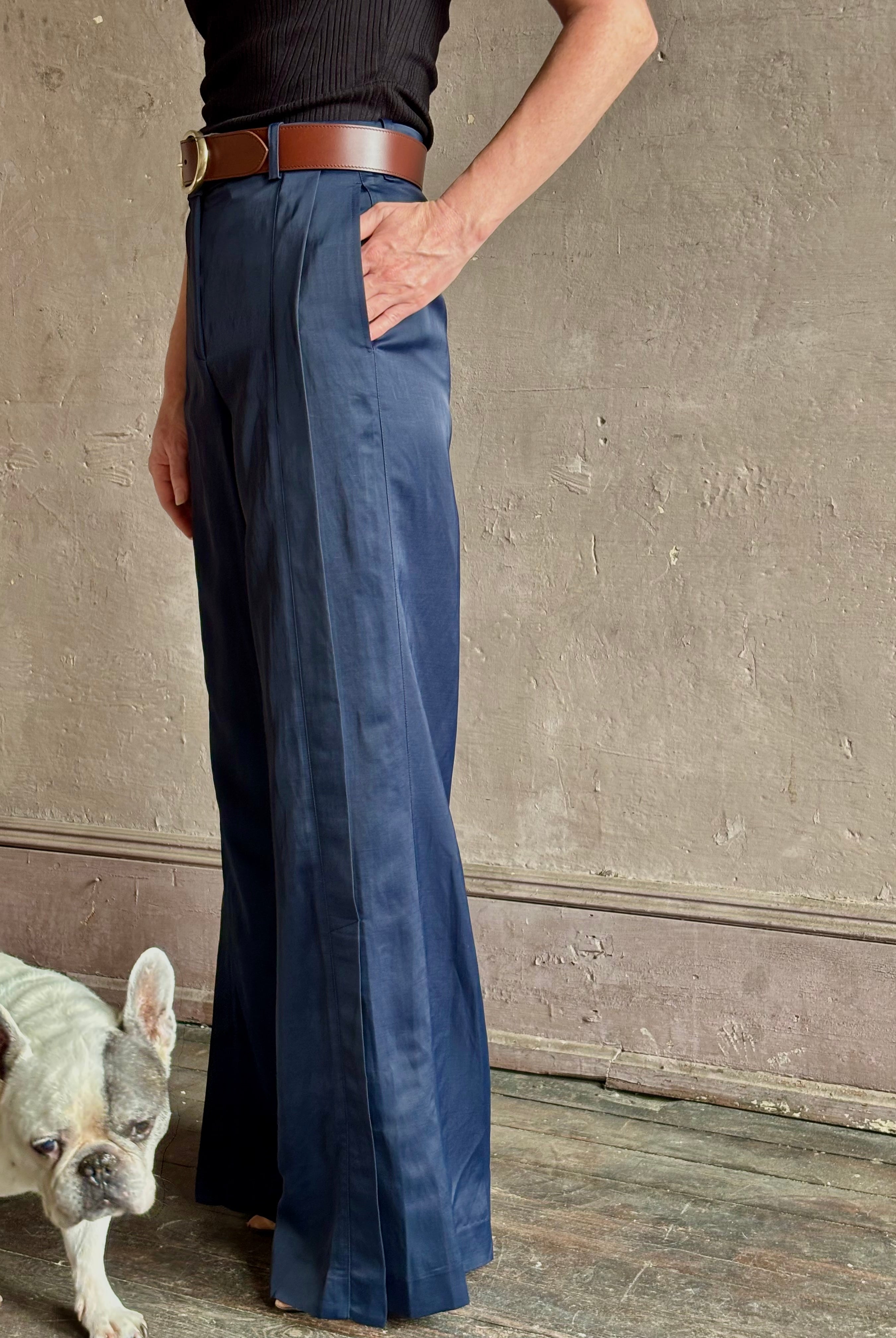 TWP taite navy wide leg full length trouser high rise front seam intigral vent side seam pockets elevated fabric quality