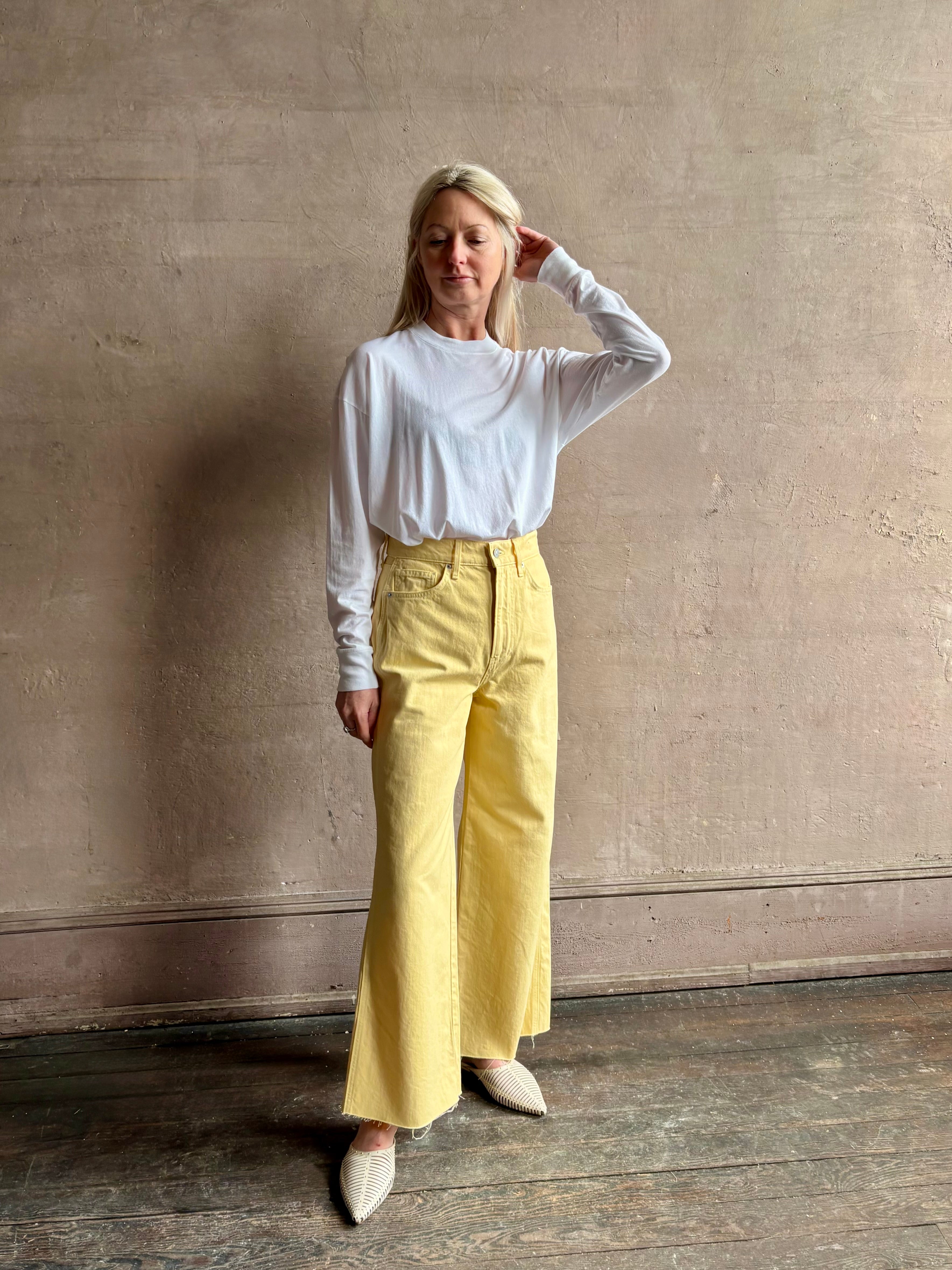 Image of mature woman wearing lightweight TWP from Premium Supima Cotton for exceptional softness with long sleeves and crew neck