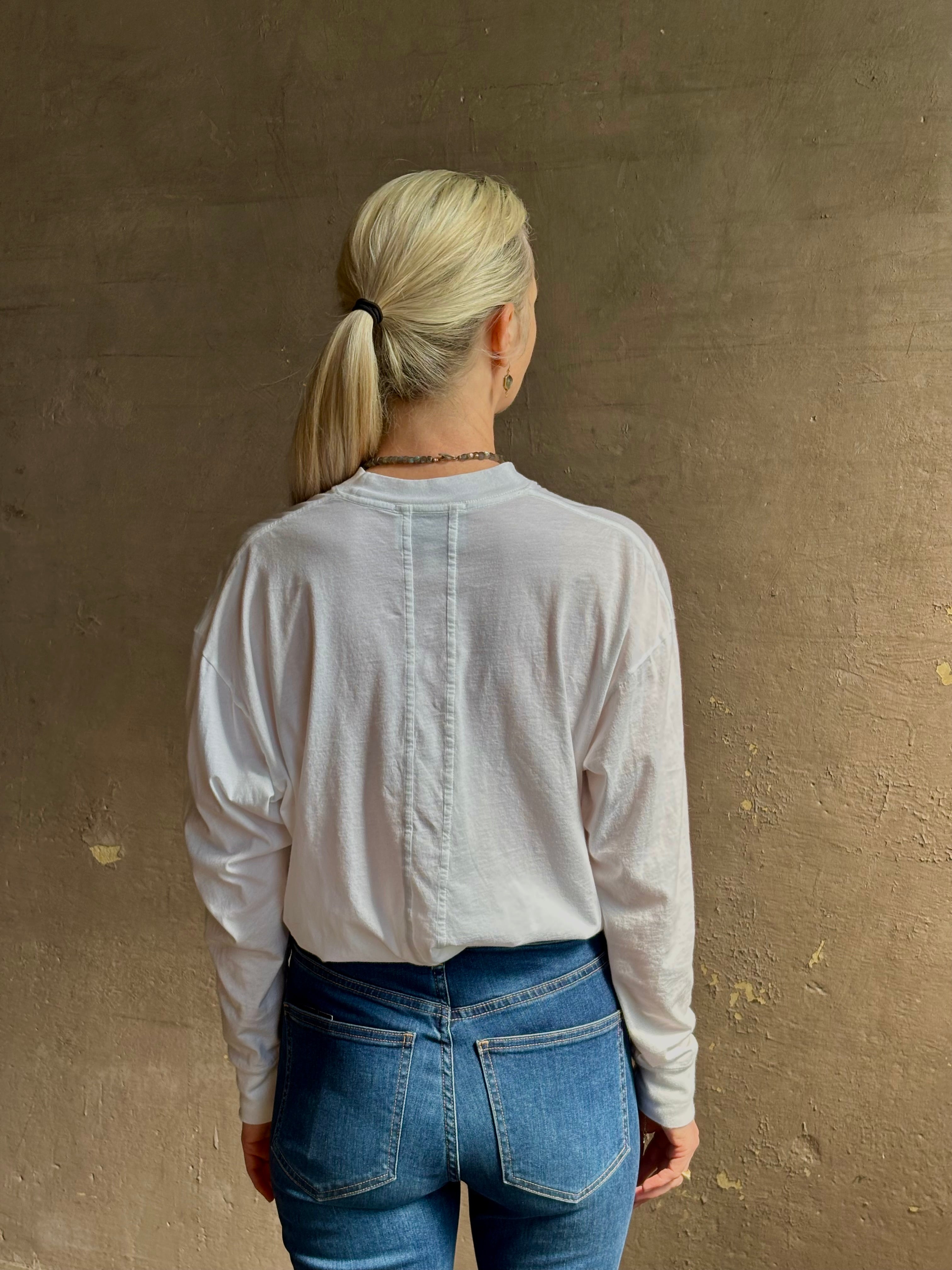 mature woman wearing lightweight TWP from Premium Supima Cotton for exceptional softness with long sleeves and crew neck