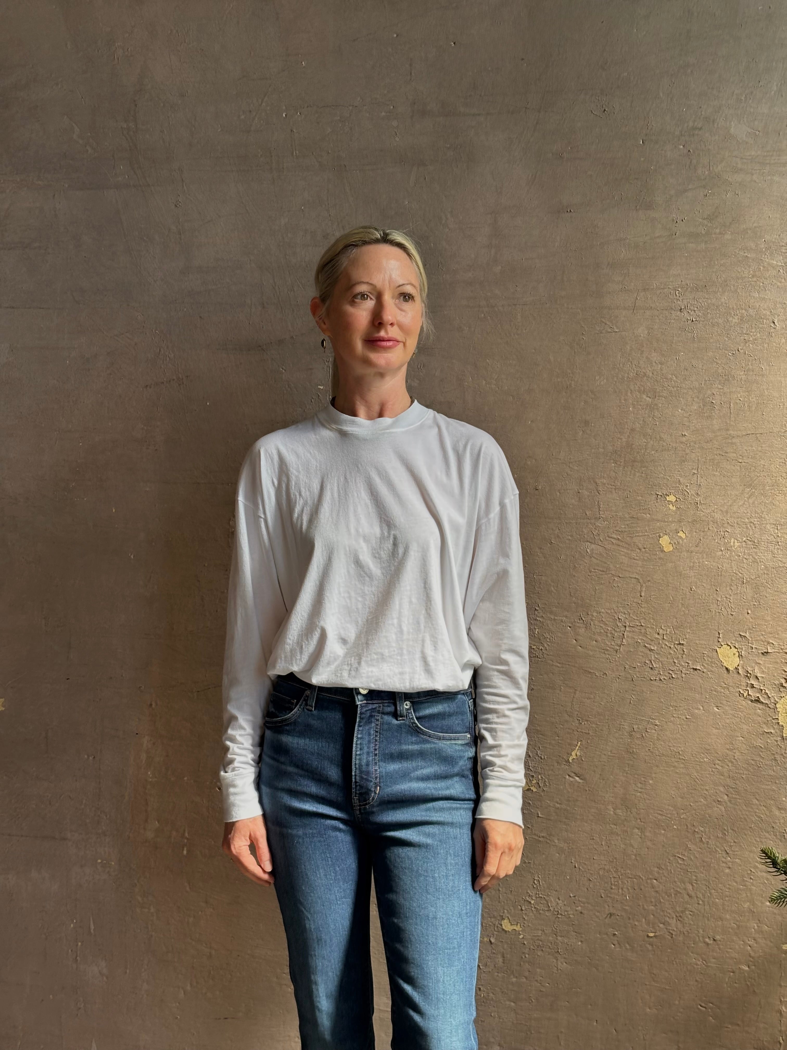 mature woman wearing lightweight TWP from Premium Supima Cotton for exceptional softness with long sleeves and crew neck