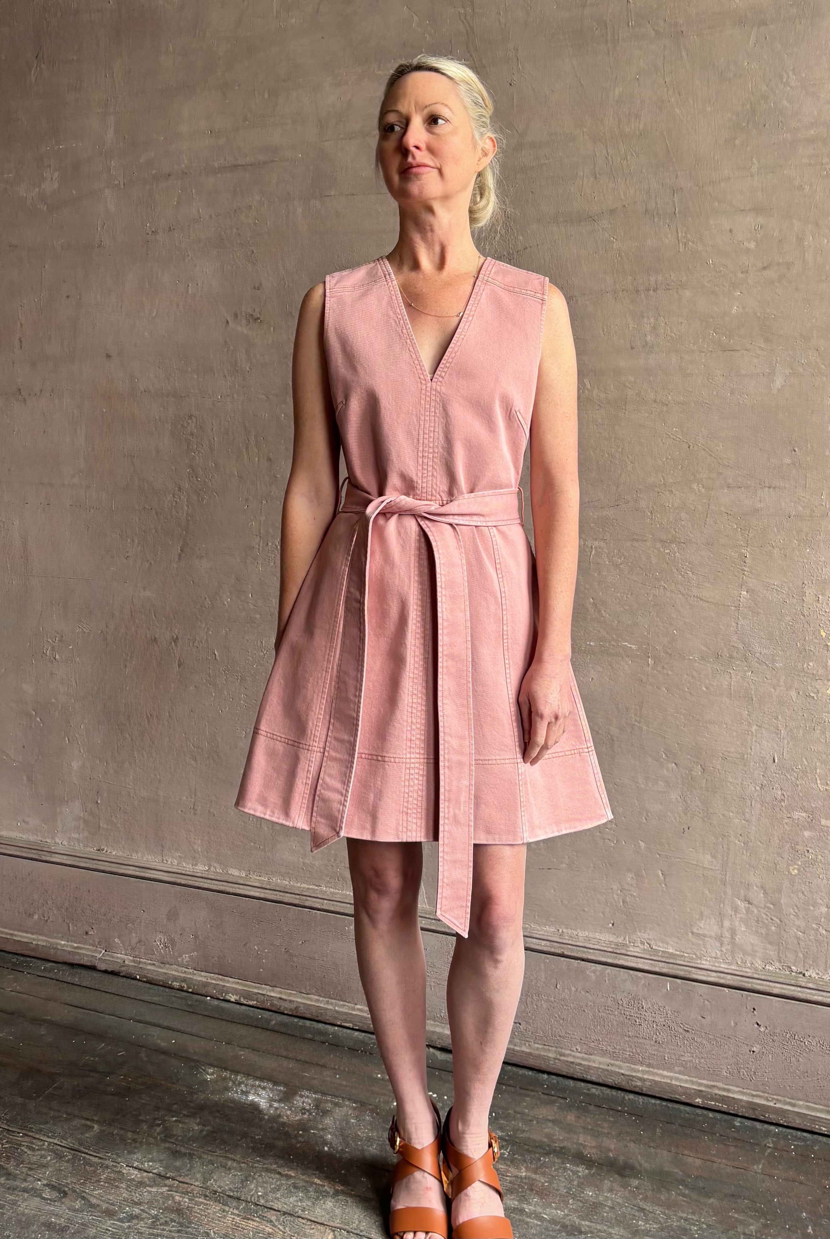 mature woman wearing designer Tanya Taylor Reina elevated casual cotton denim Dress with v-neck and expert tailoring