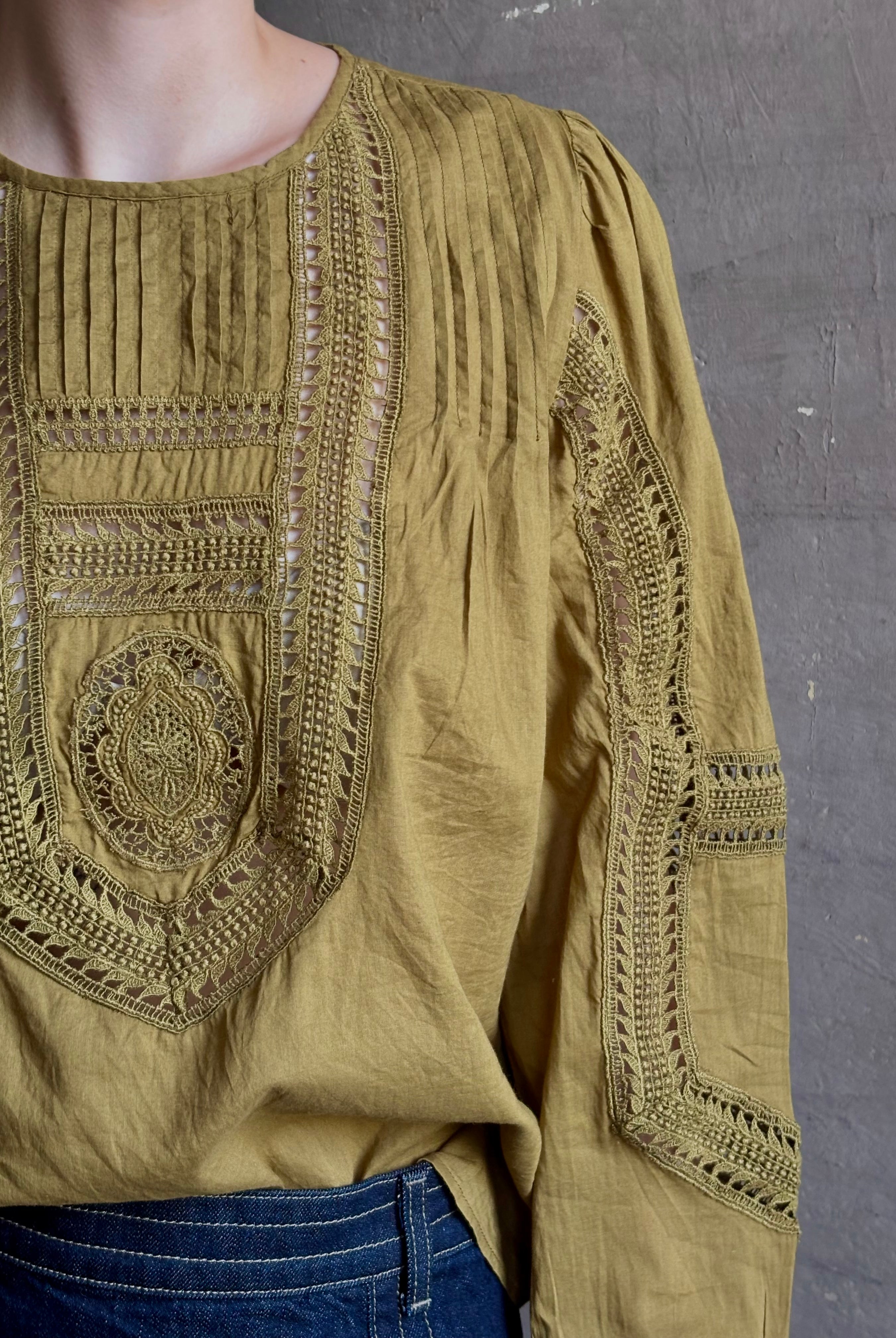 Ulla Johnson Marlowe Long Sleeve Cotton Top in muted green with pintucking and intricate lace crochet