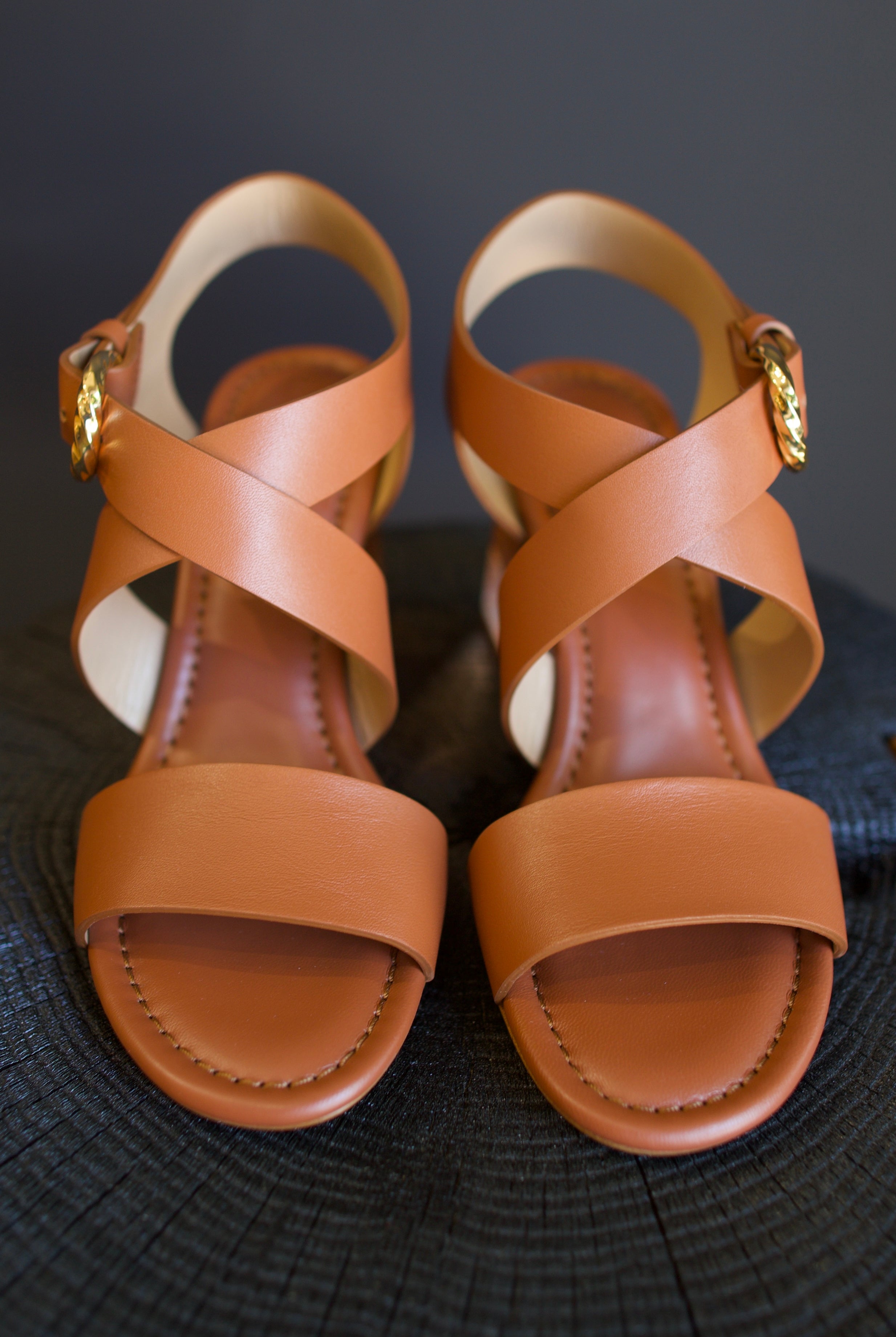 Image of luxury designer Ulla Johnson brown leather Elora Heels with premium comfort and sophisticated criss cross strap design