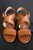 Image of luxury designer Ulla Johnson brown leather Elora Heels with premium comfort and sophisticated criss cross strap design