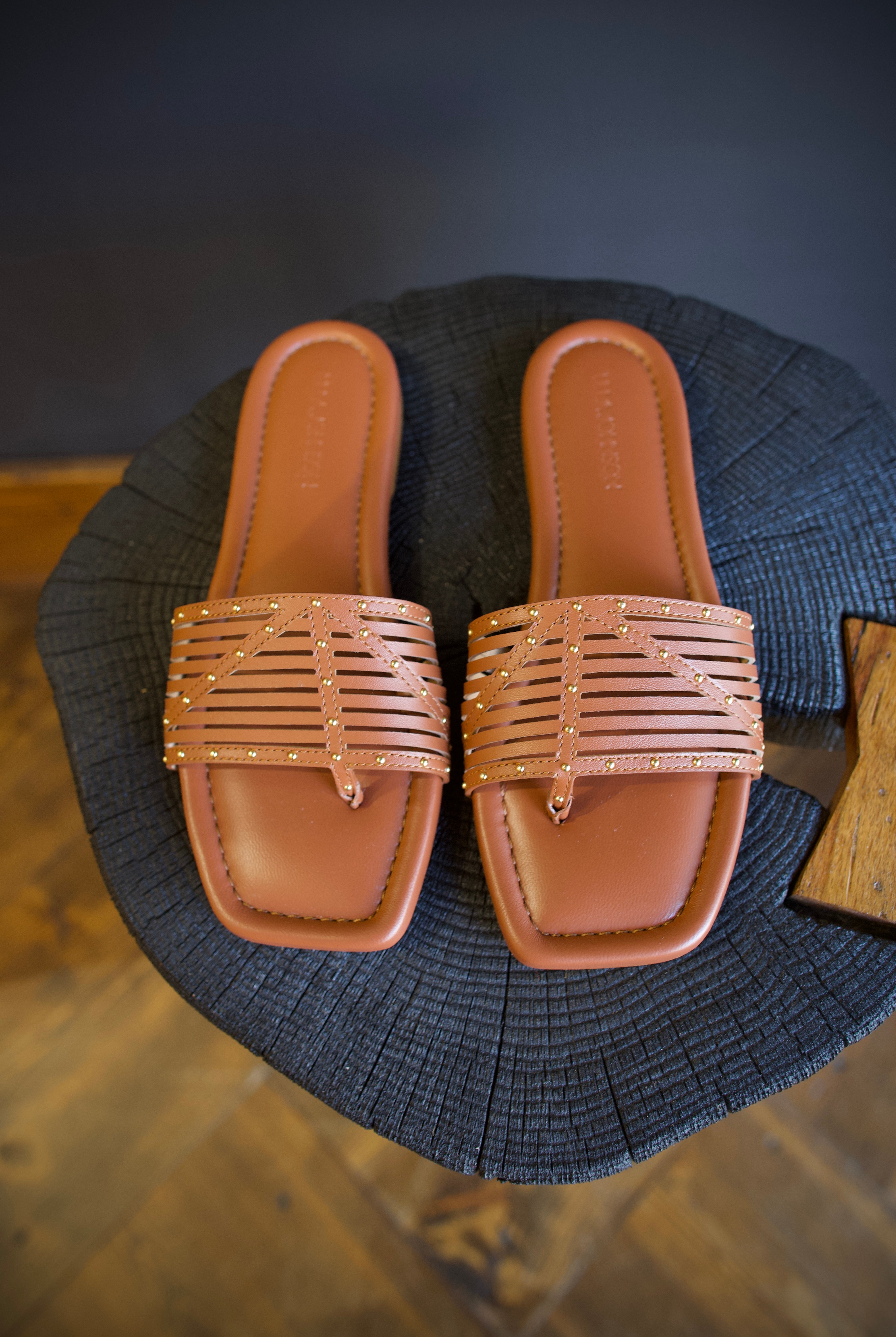Image of the luxury designer Ulla Johnson Naomi Sandals in brown leather with small elegant gold stud detail
