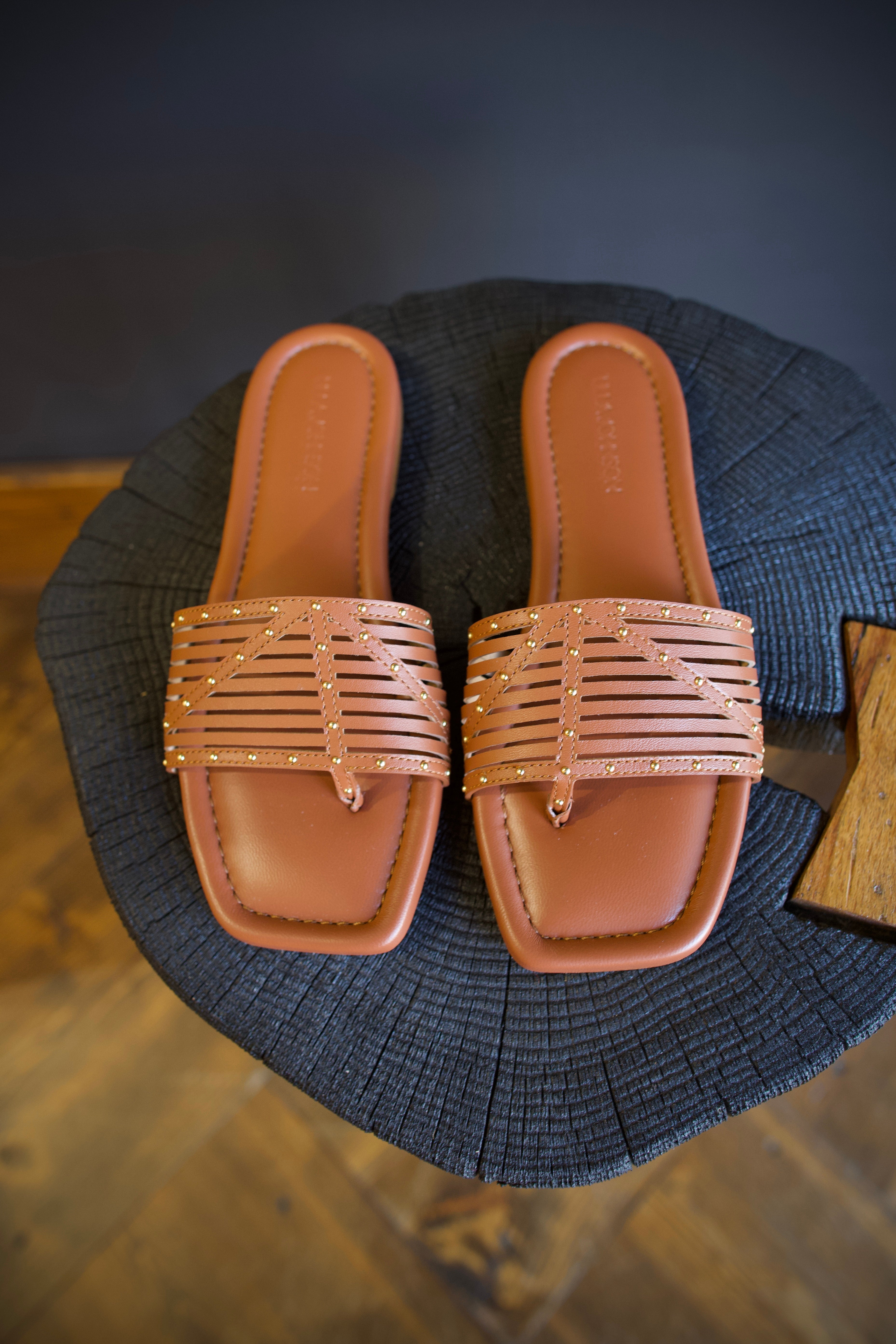 Image of the luxury designer Ulla Johnson Naomi Sandals in brown leather with small elegant gold stud detail