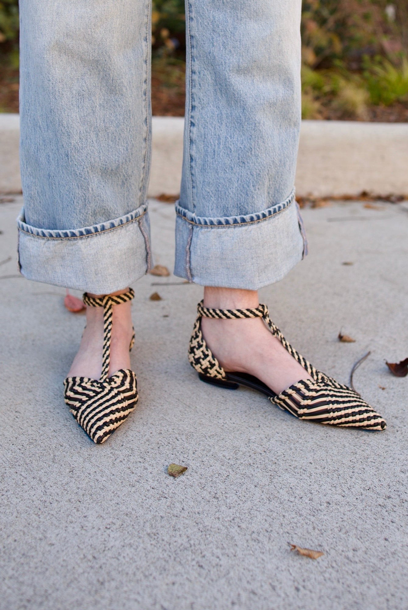 image of woman wearing the Ulla Johnson  Daria flats and Slvrlake grace jeans