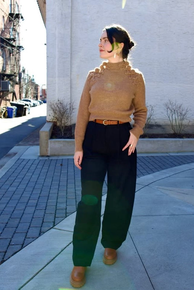 woman wearing Ulla Johnson gia leather belt with gold finish twist buckle in Sierra brown