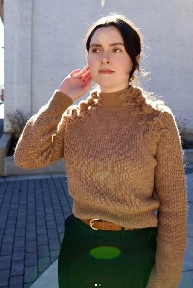 woman wearing Ulla Johnson gia leather belt with gold finish twist buckle in Sierra brown
