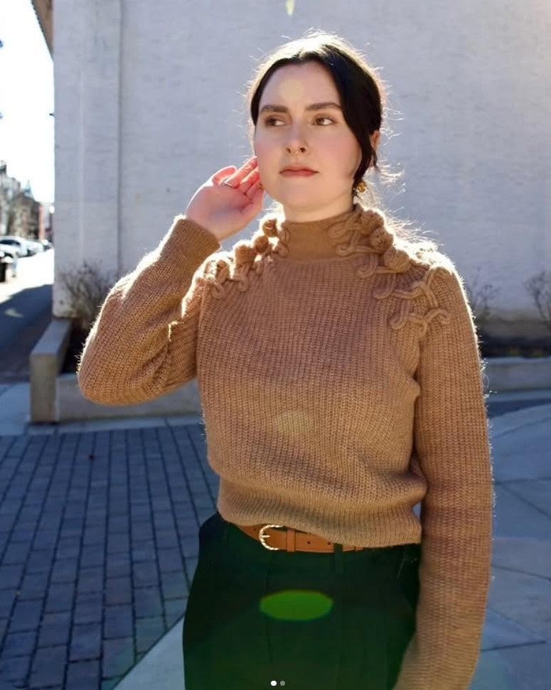 woman wearing Ulla Johnson gia leather belt with gold finish twist buckle in Sierra brown