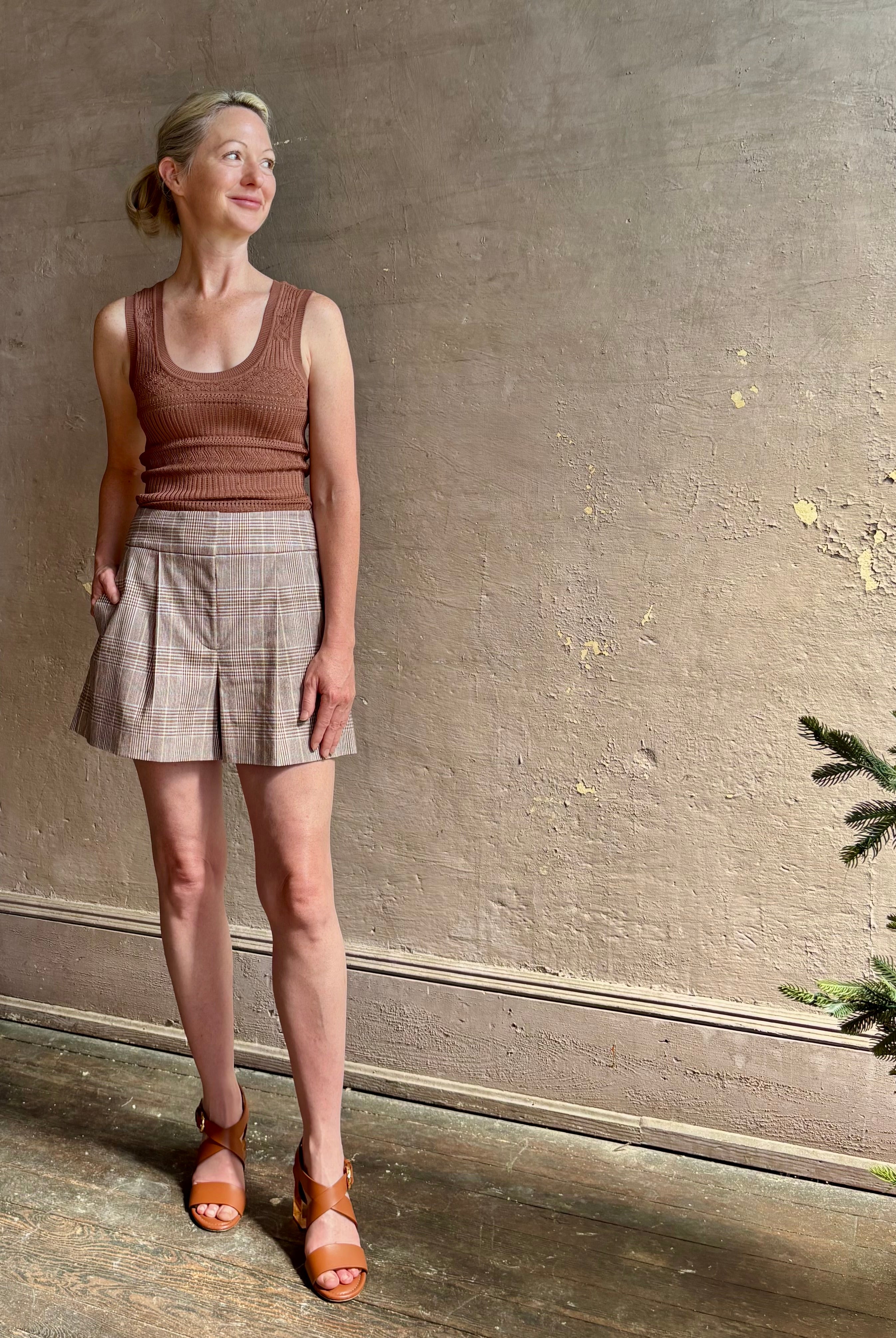 Veronica Beard Haina refined plaid Short in cotton linen blend is naturally breathable and lightweight with side pockets
