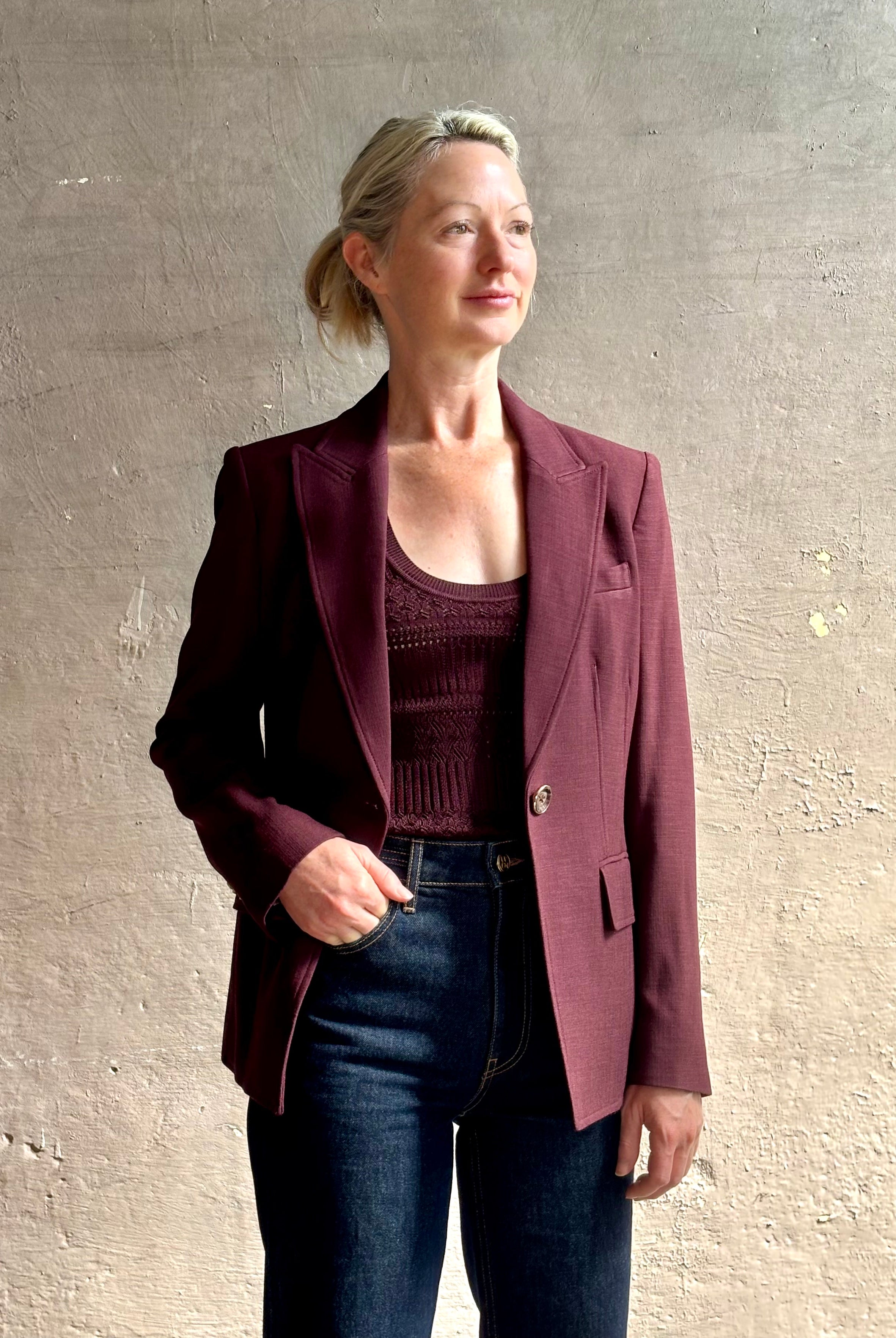 Veronica Beard tailored Isaac Dickey Jacket in a refined fabric blend in a rich mulberry and single button closure