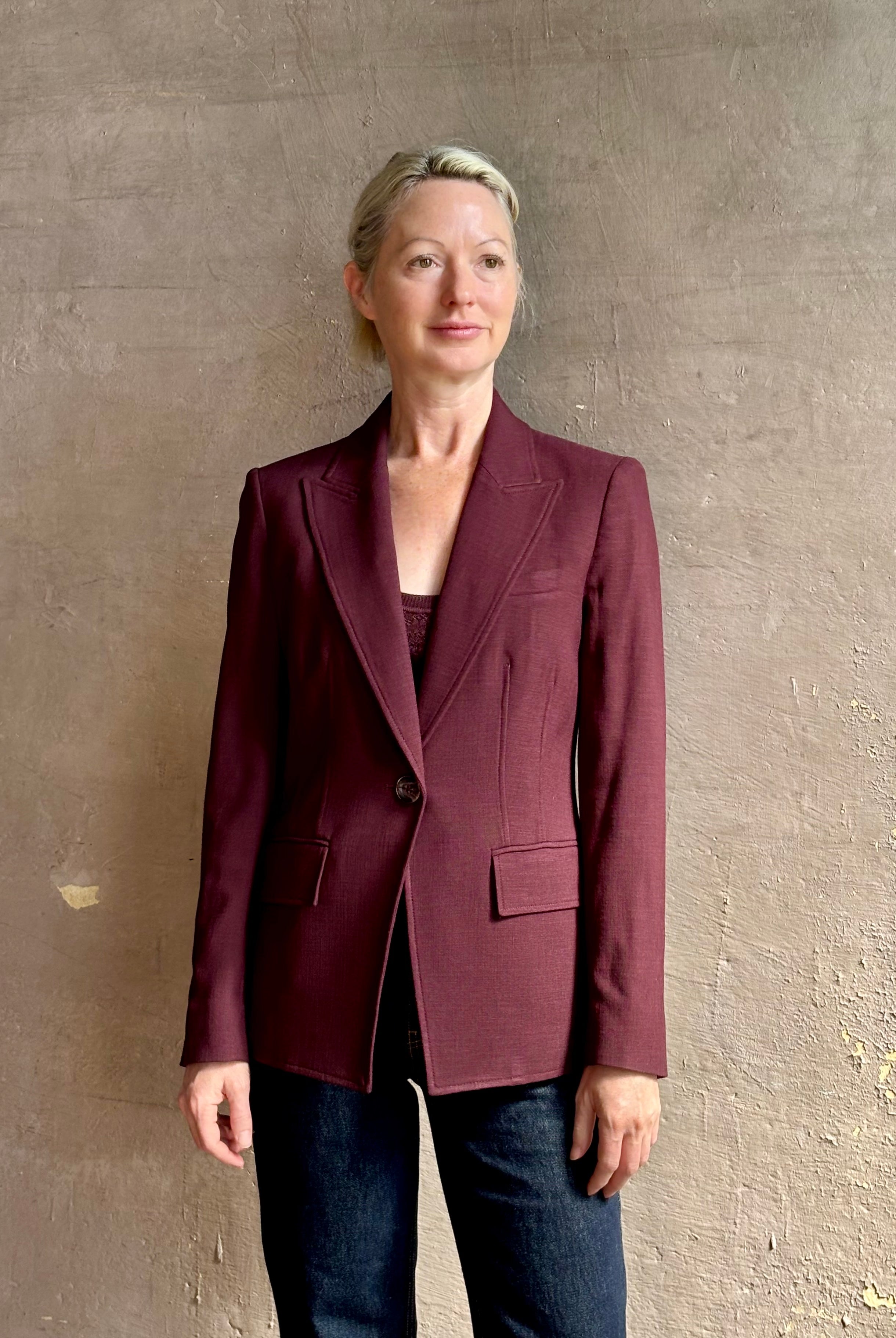 Veronica Beard tailored Isaac Dickey Jacket in a refined fabric blend in a rich mulberry and single button closure