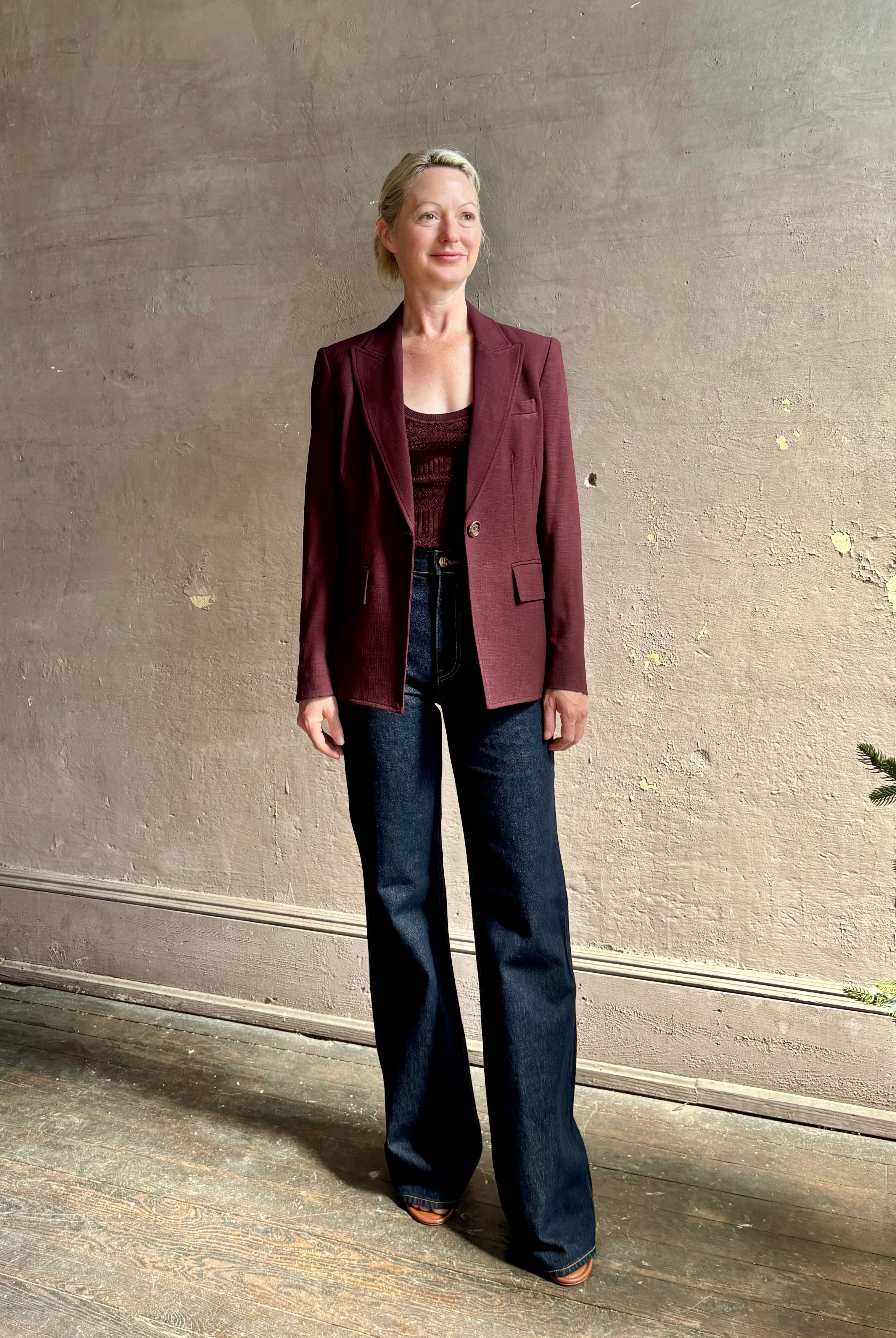 Veronica Beard tailored Isaac Dickey Jacket in a refined fabric blend in a rich mulberry and single button closure
