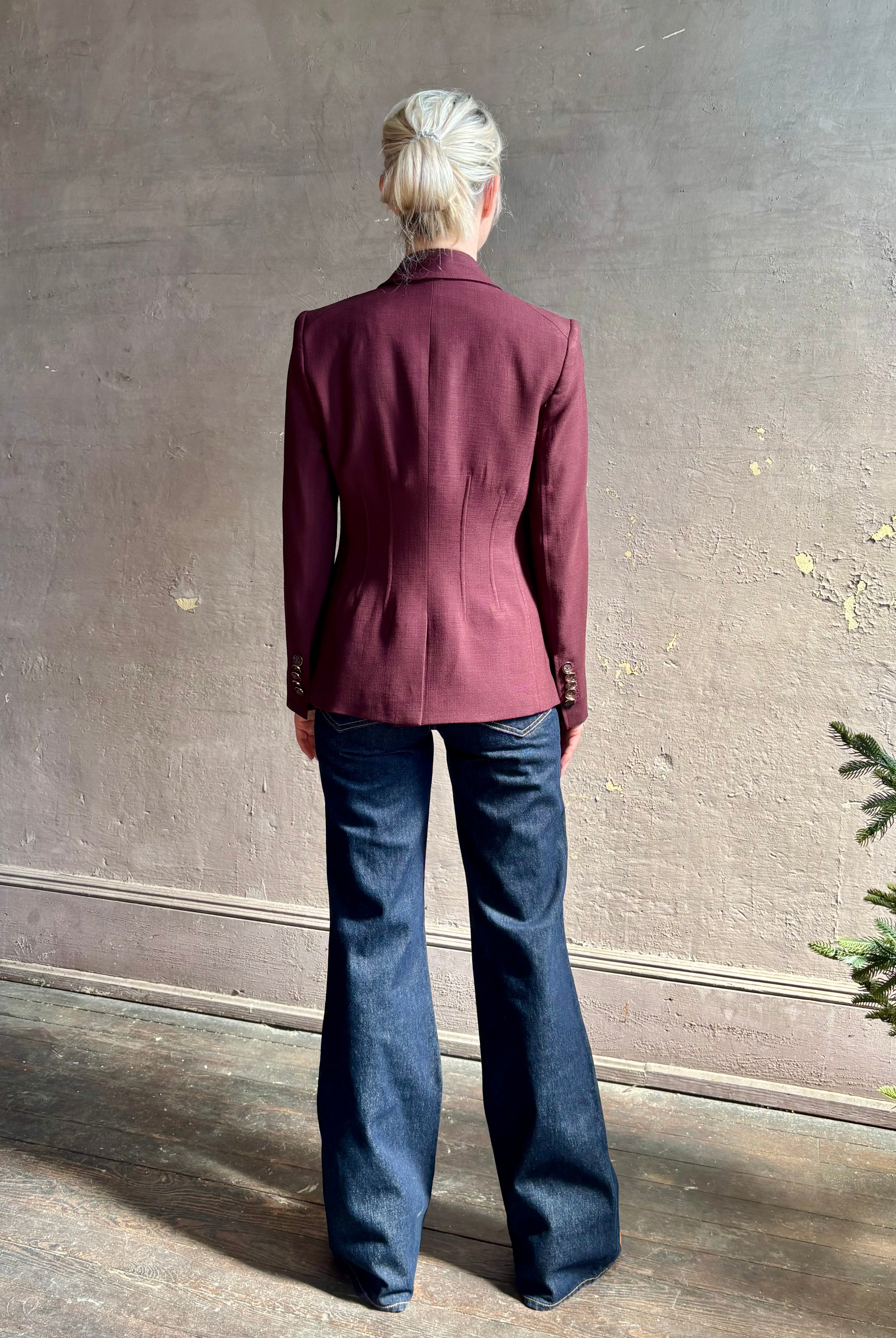 Veronica Beard tailored Isaac Dickey Jacket in a refined fabric blend in a rich mulberry and single button closure