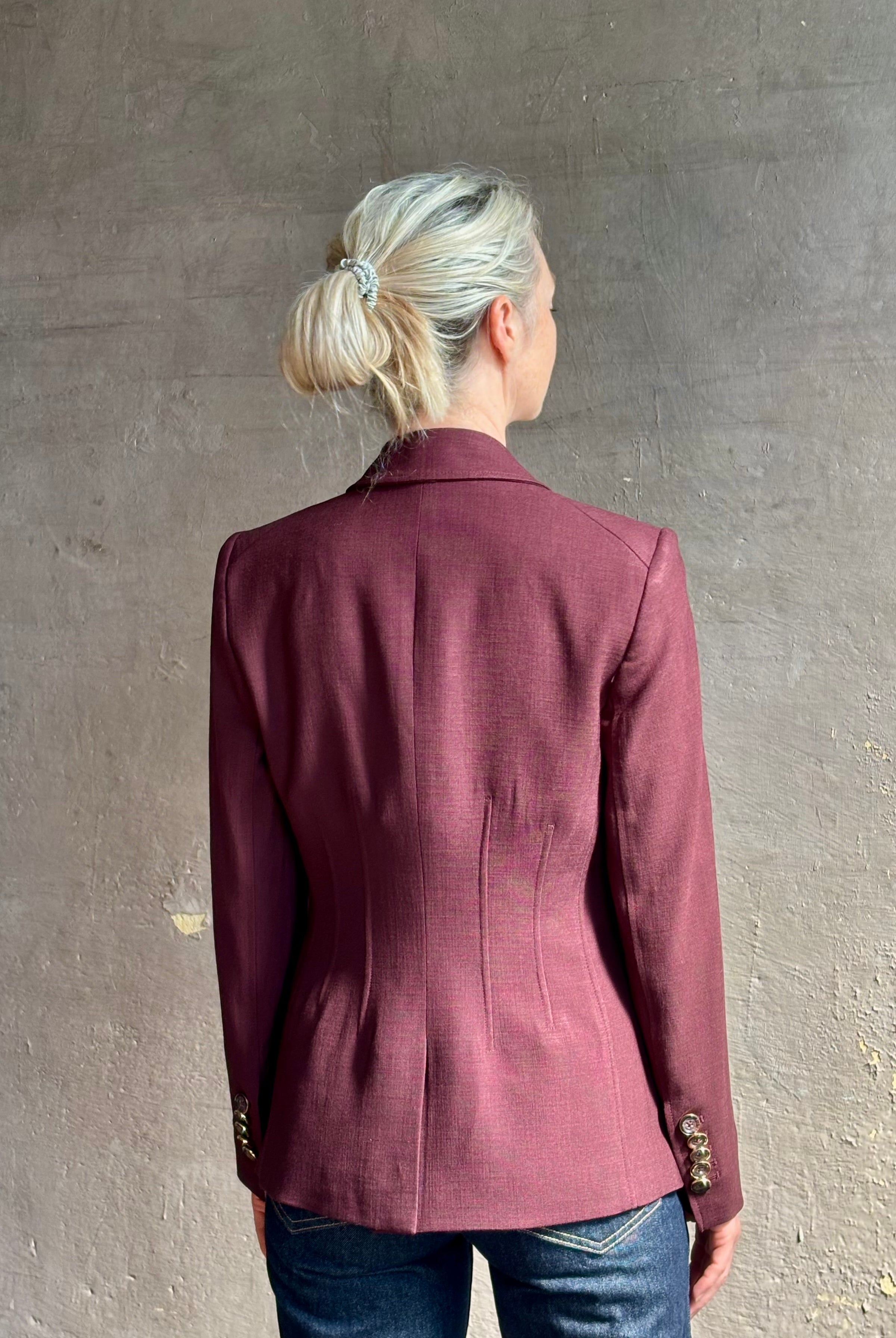 Veronica Beard tailored Isaac Dickey Jacket in a refined fabric blend in a rich mulberry and single button closure