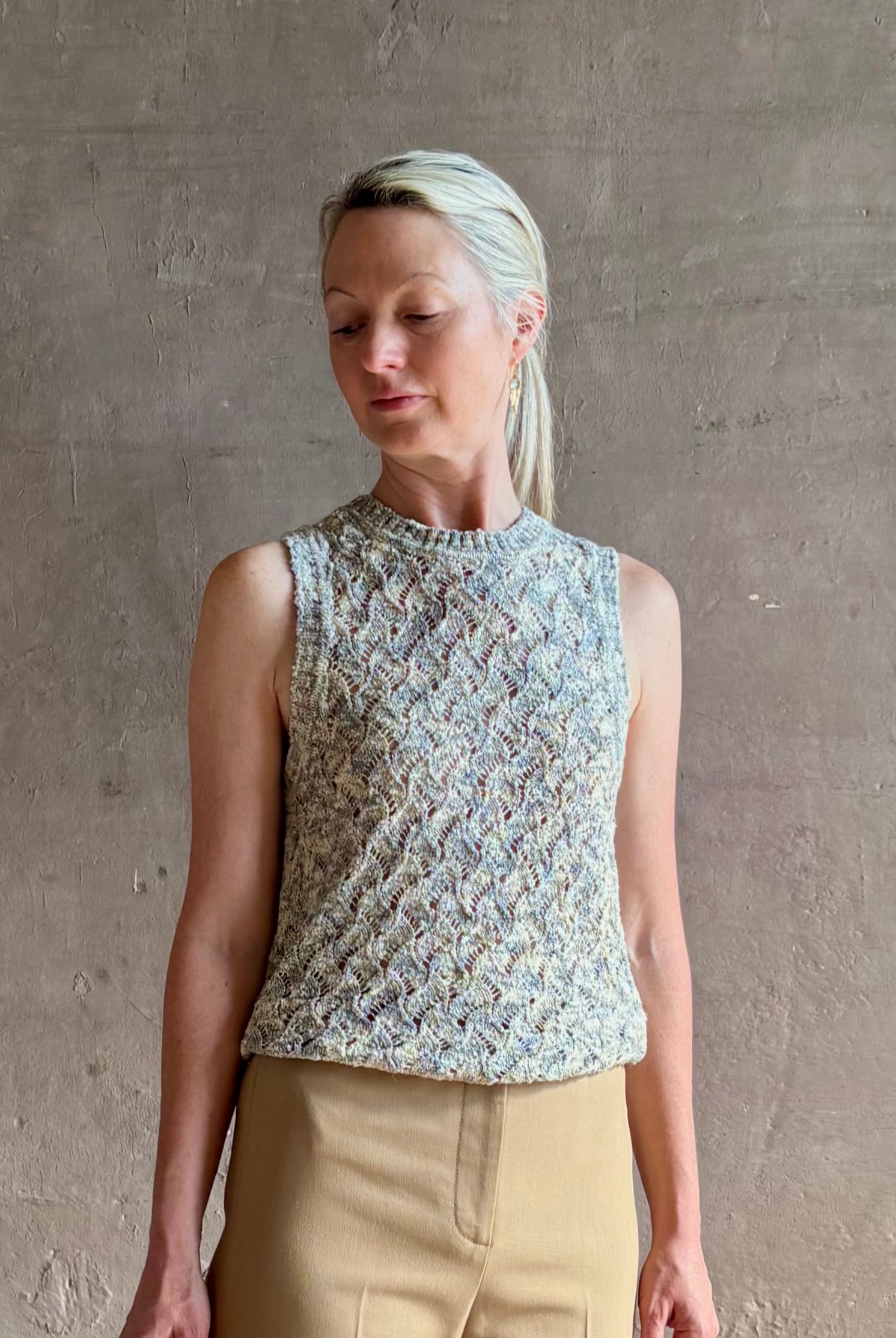 Veronica Beard Jerre lace Knit sweater lightweight cotton blend sleeveless crew neck cream blue khaki knit
