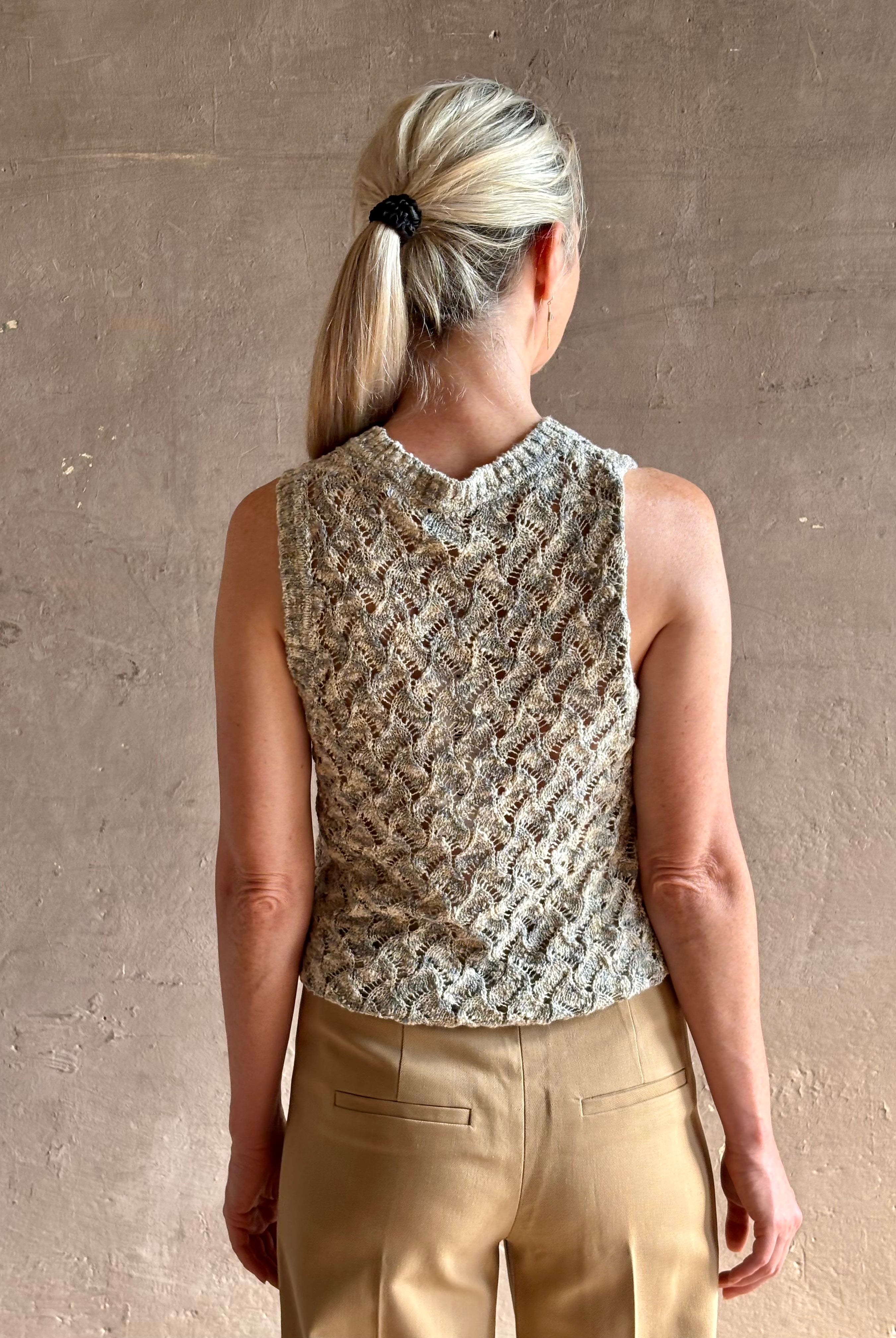 Veronica Beard Jerre lace Knit sweater lightweight cotton blend sleeveless crew neck cream blue khaki knit