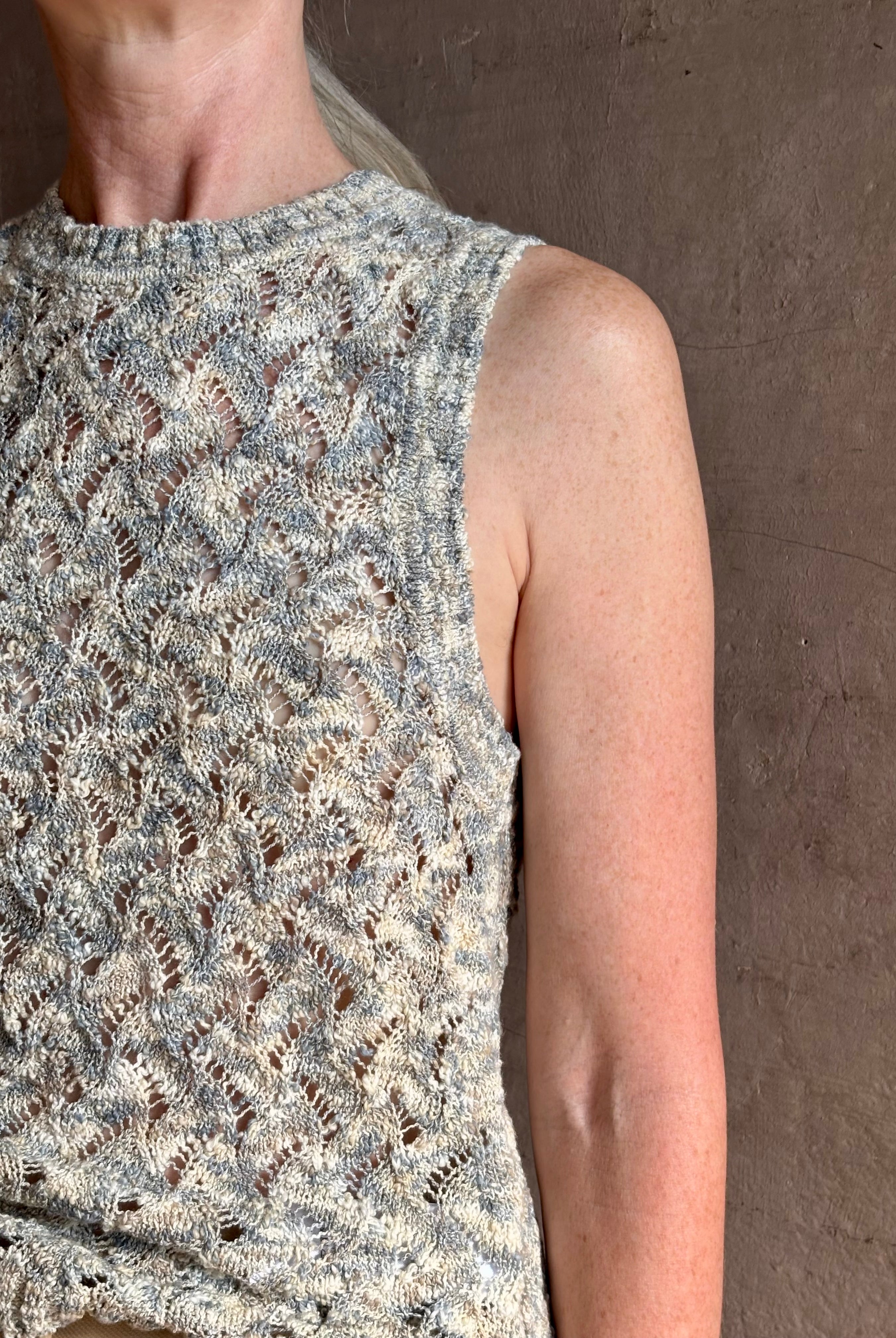 Veronica Beard Jerre lace Knit sweater lightweight cotton blend sleeveless crew neck cream blue khaki knit