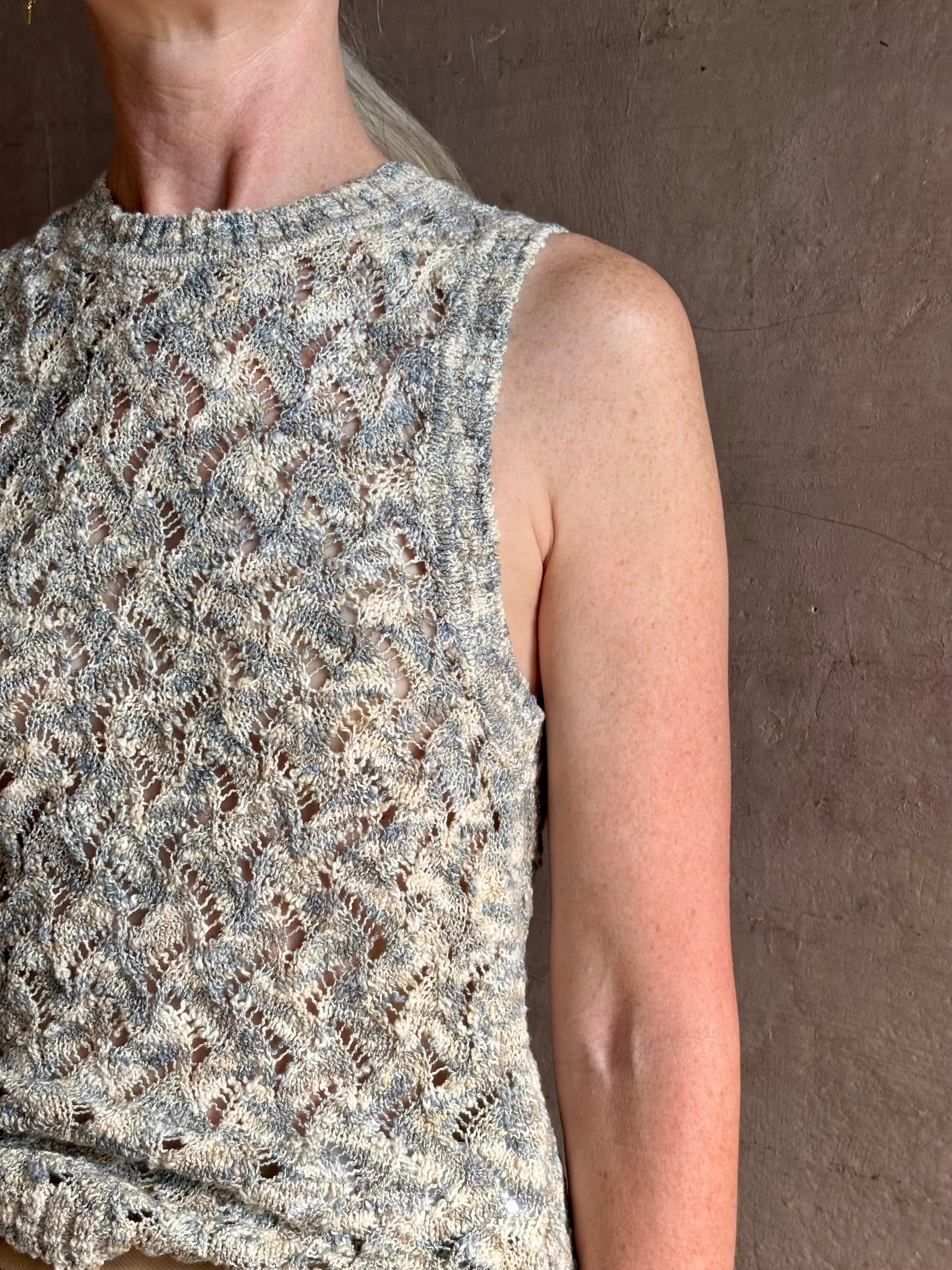 Veronica Beard Jerre lace Knit sweater lightweight cotton blend sleeveless crew neck cream blue khaki knit