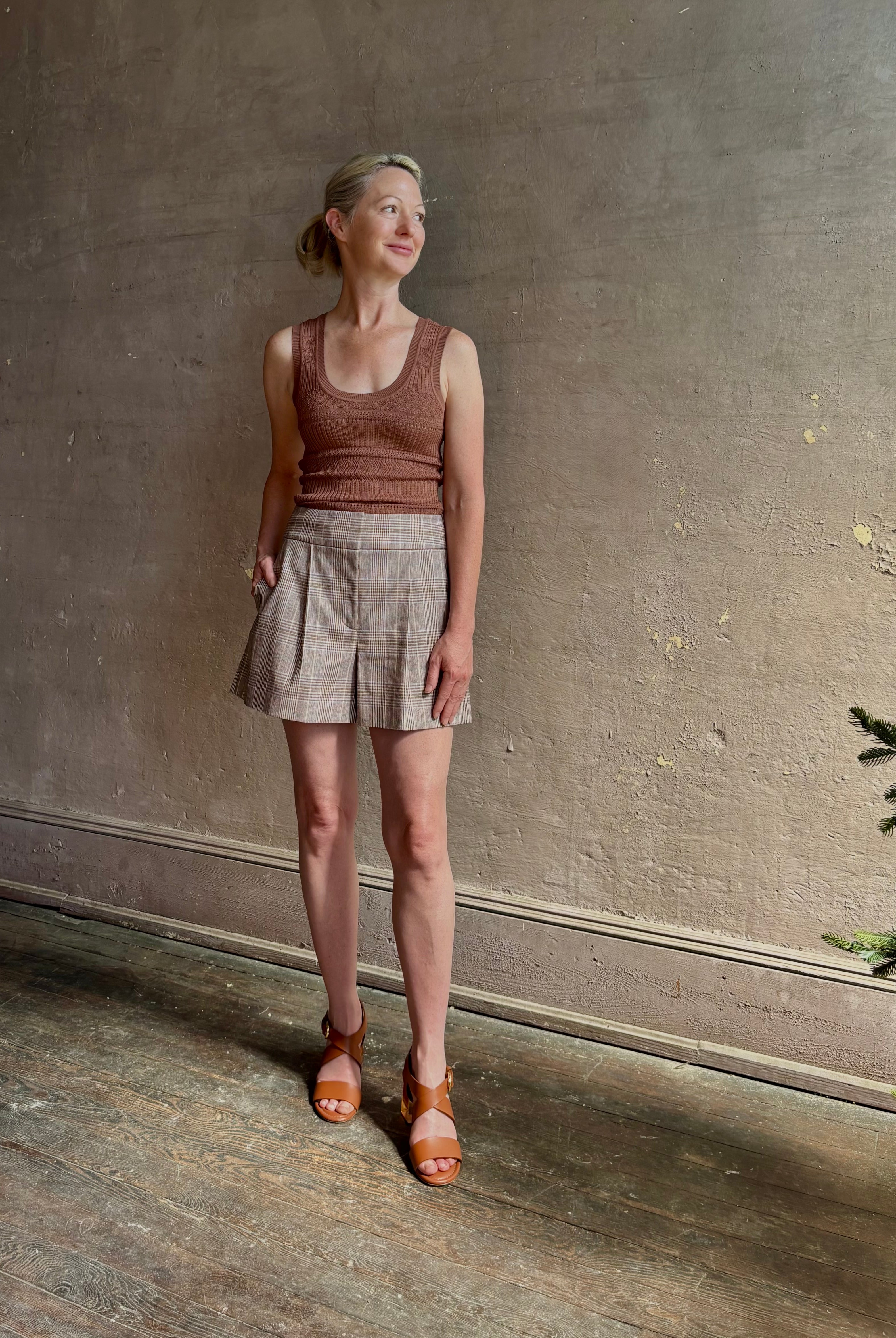Veronica Beard Sandra Tank Top in a soft neutral nude and crafted from a rayon nylon blend with scoop neckline