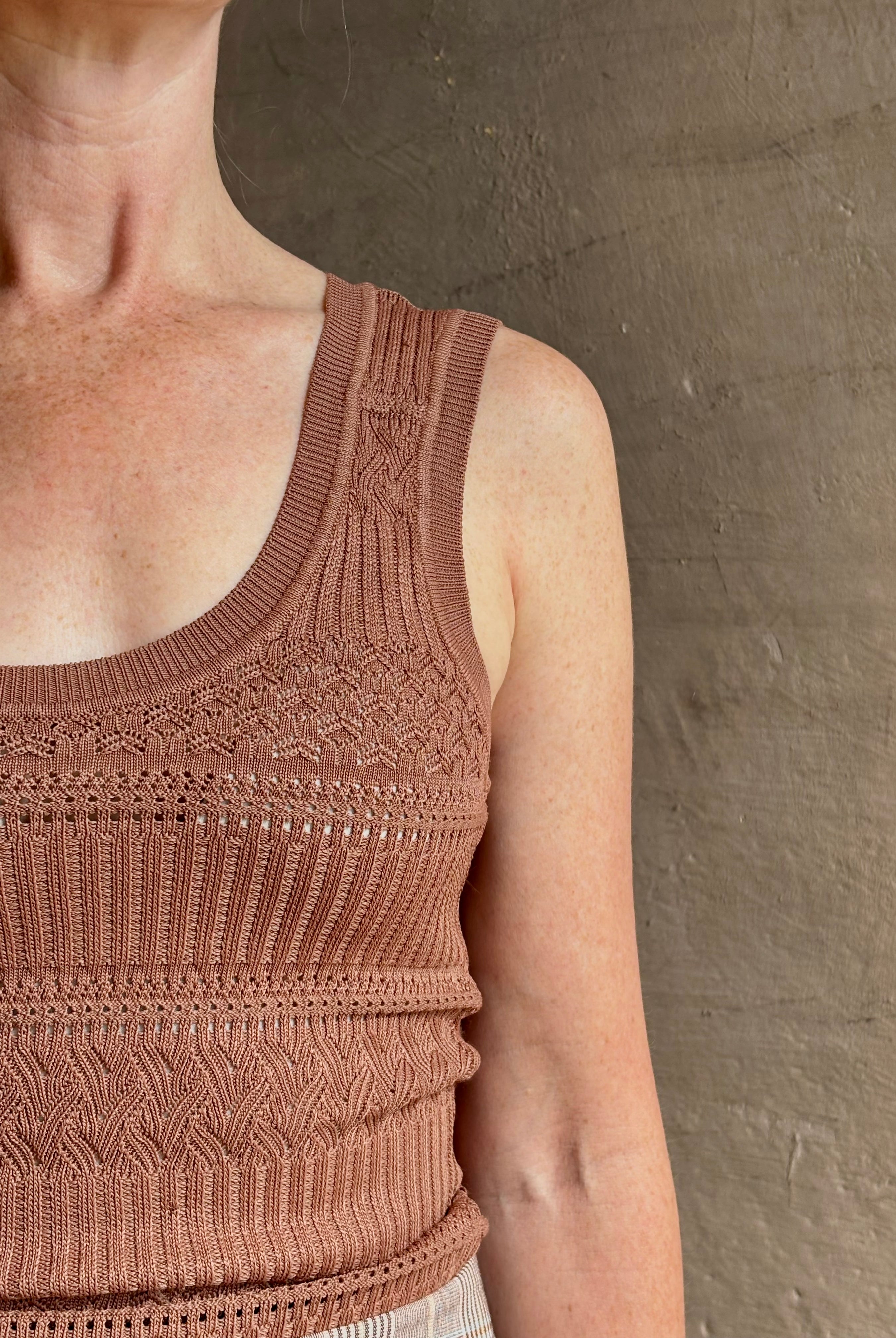 Veronica Beard Sandra Tank Top in a soft neutral nude and crafted from a rayon nylon blend with scoop neckline
