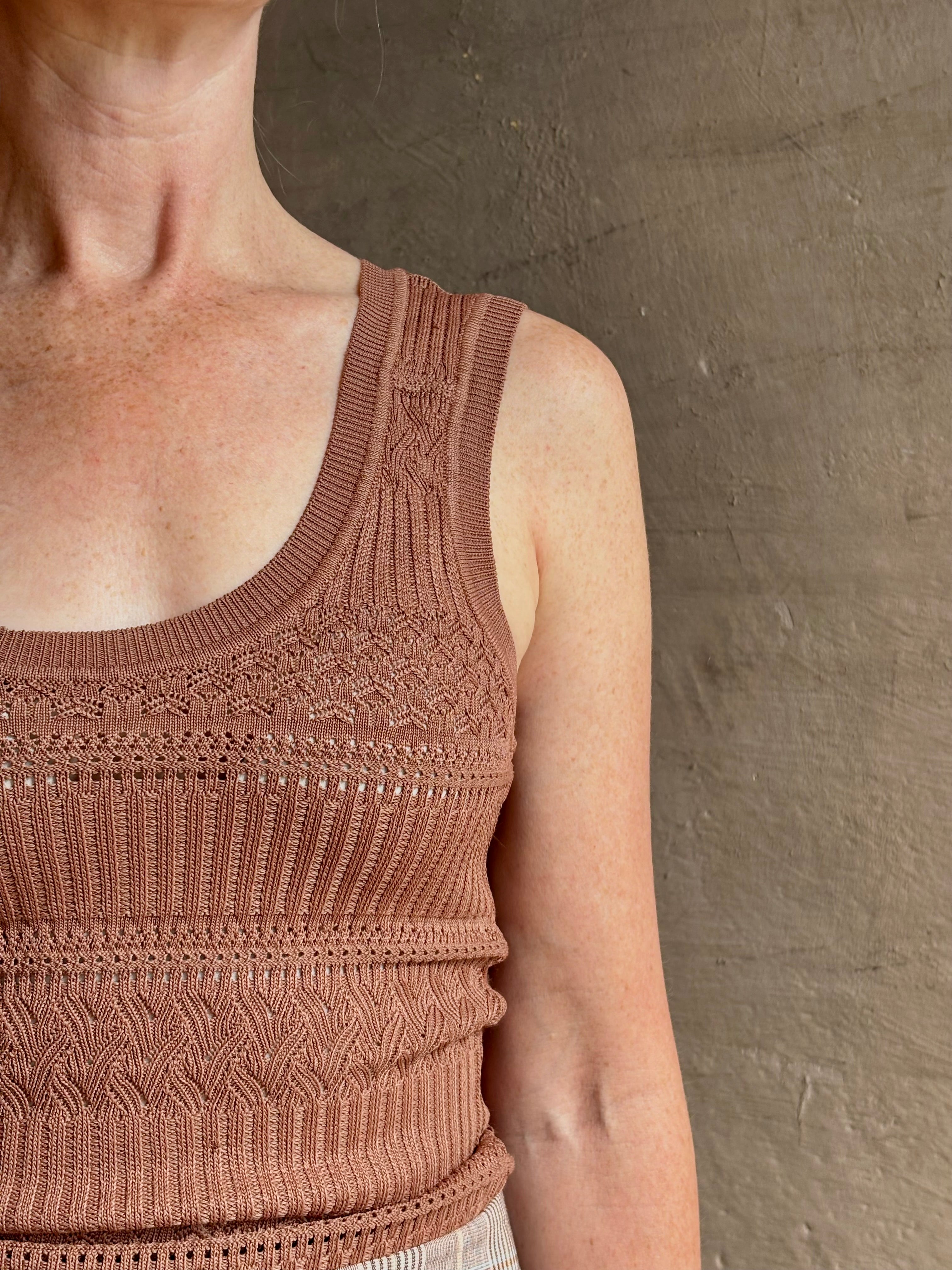 Veronica Beard Sandra Tank Top in a soft neutral nude and crafted from a rayon nylon blend with scoop neckline