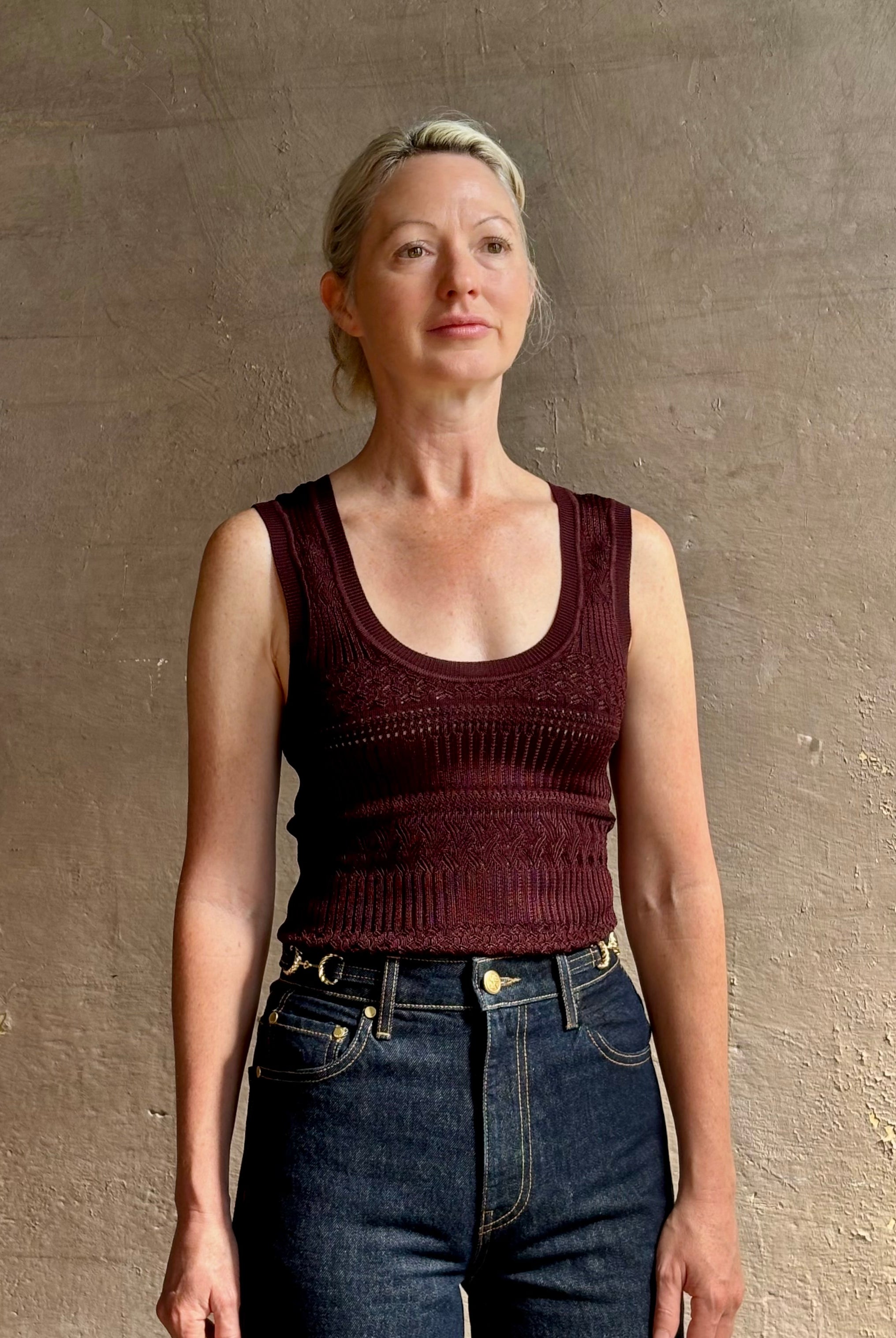 Sandra Tank from Veronica Beard rendered in a rich mulberry tone with detailed weaved and scoop neckline