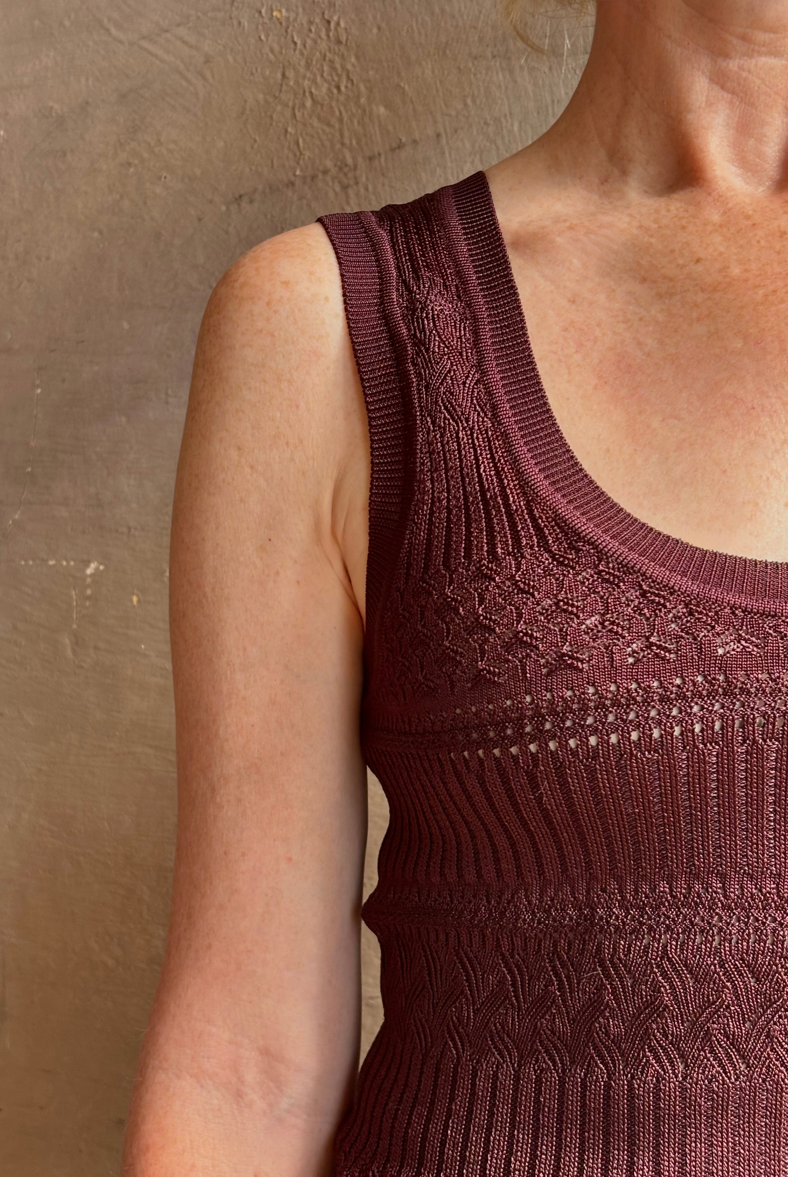 Sandra Tank from Veronica Beard rendered in a rich mulberry tone with detailed weaved and scoop neckline