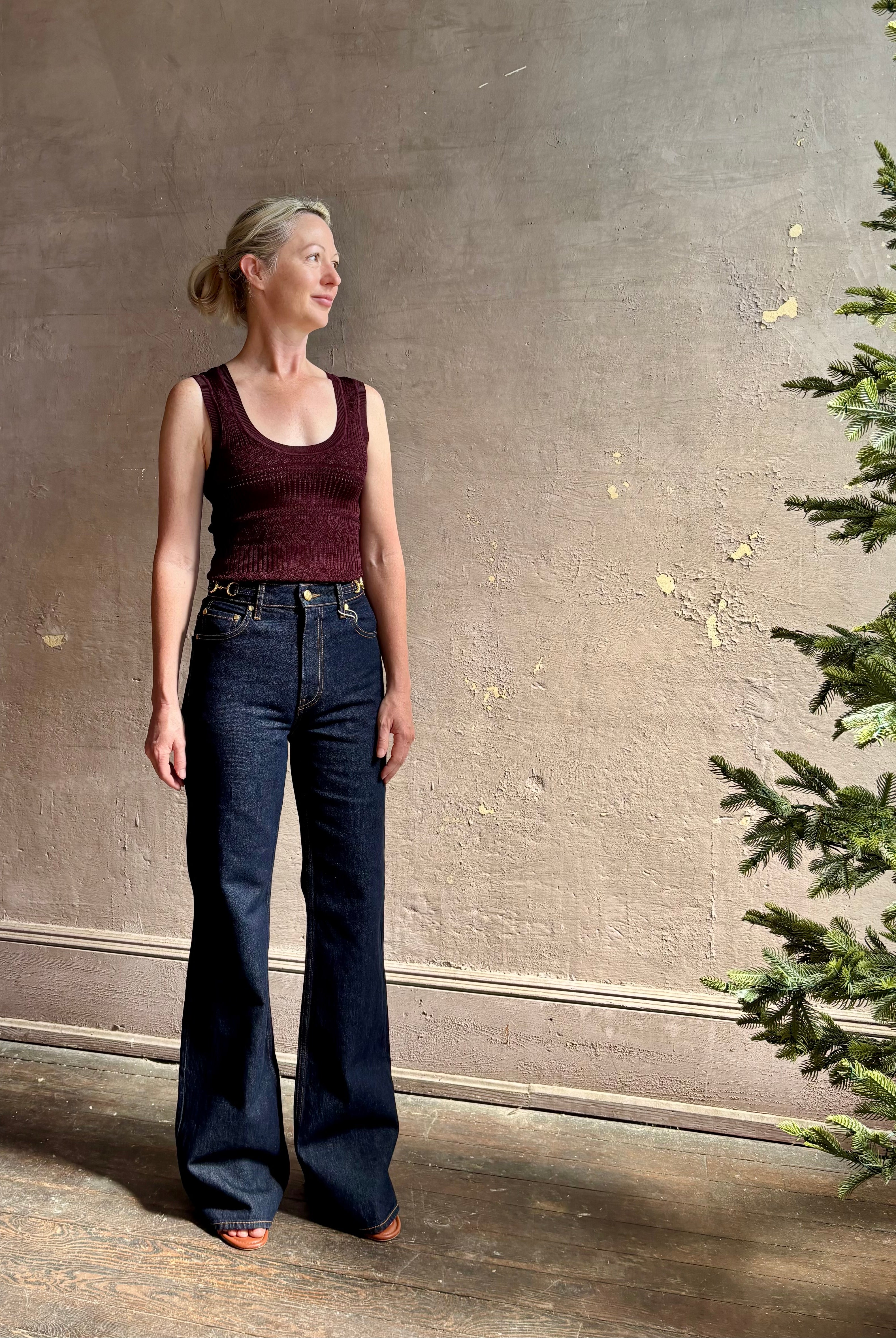 Sandra Tank from Veronica Beard rendered in a rich mulberry tone with detailed weaved and scoop neckline