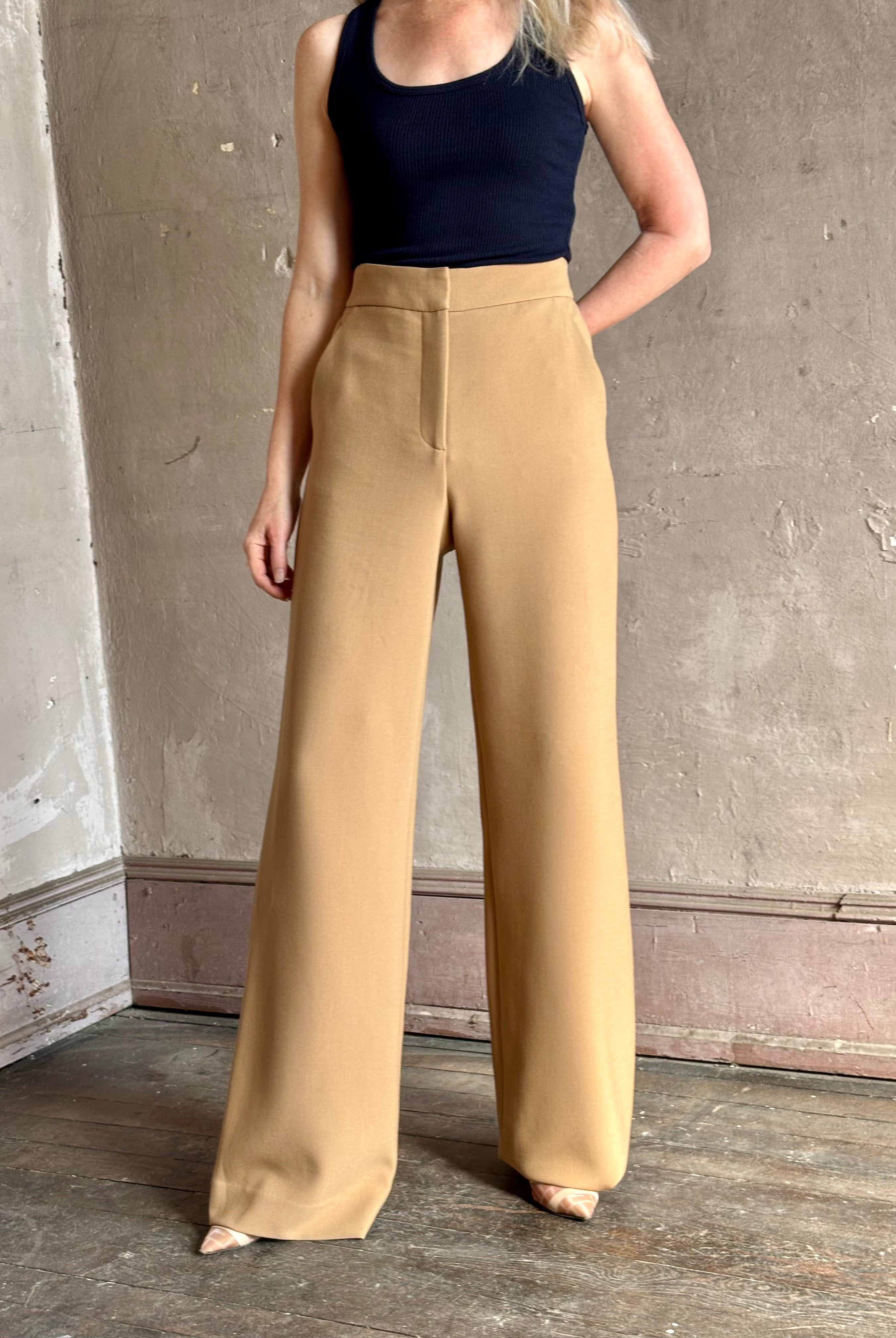 Woman wearing Veronica Beard Tonelli Pant Heritage Khaki flat-front beltless tailored trouser made in America